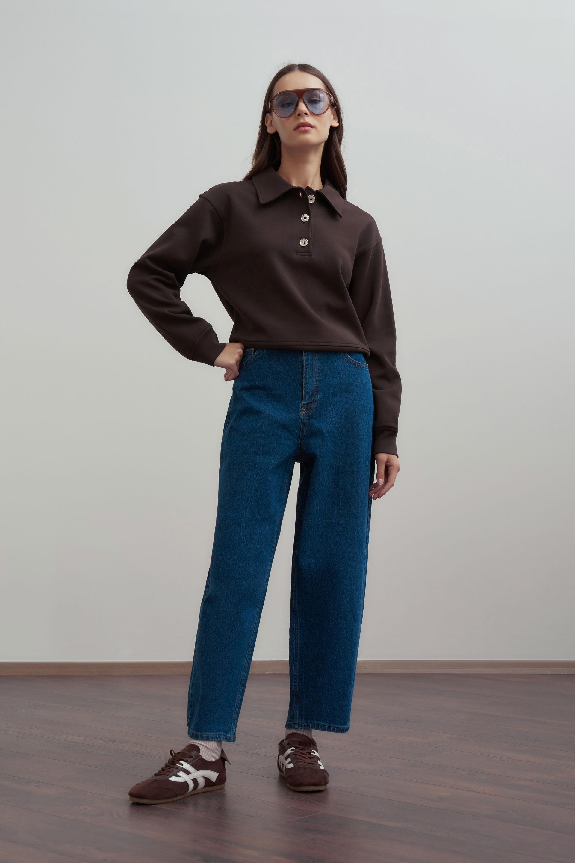 Mavi-Yüksek Bel Mom Paça Kot Pantolon