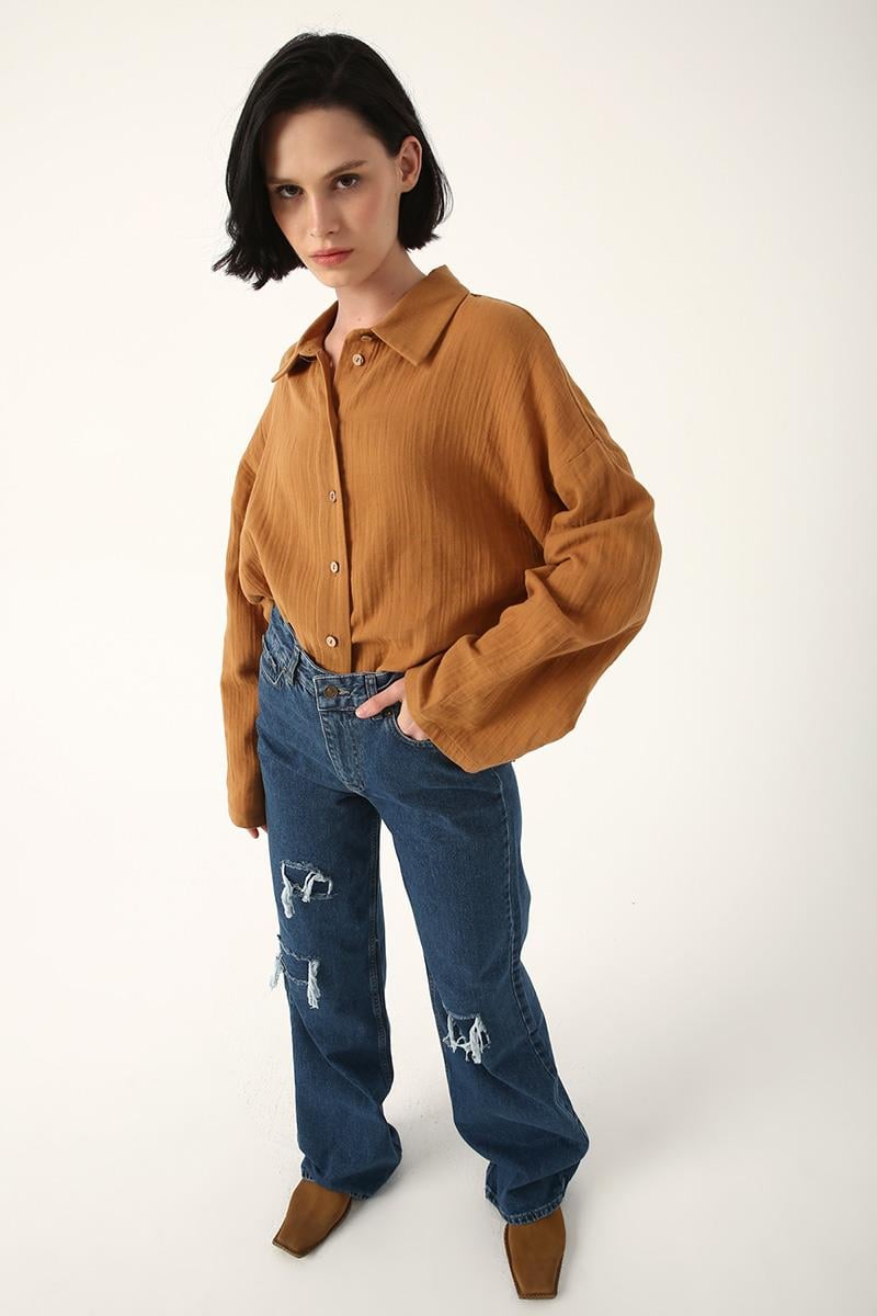  100% Cotton High Waist Ripped Detail Jean Pants