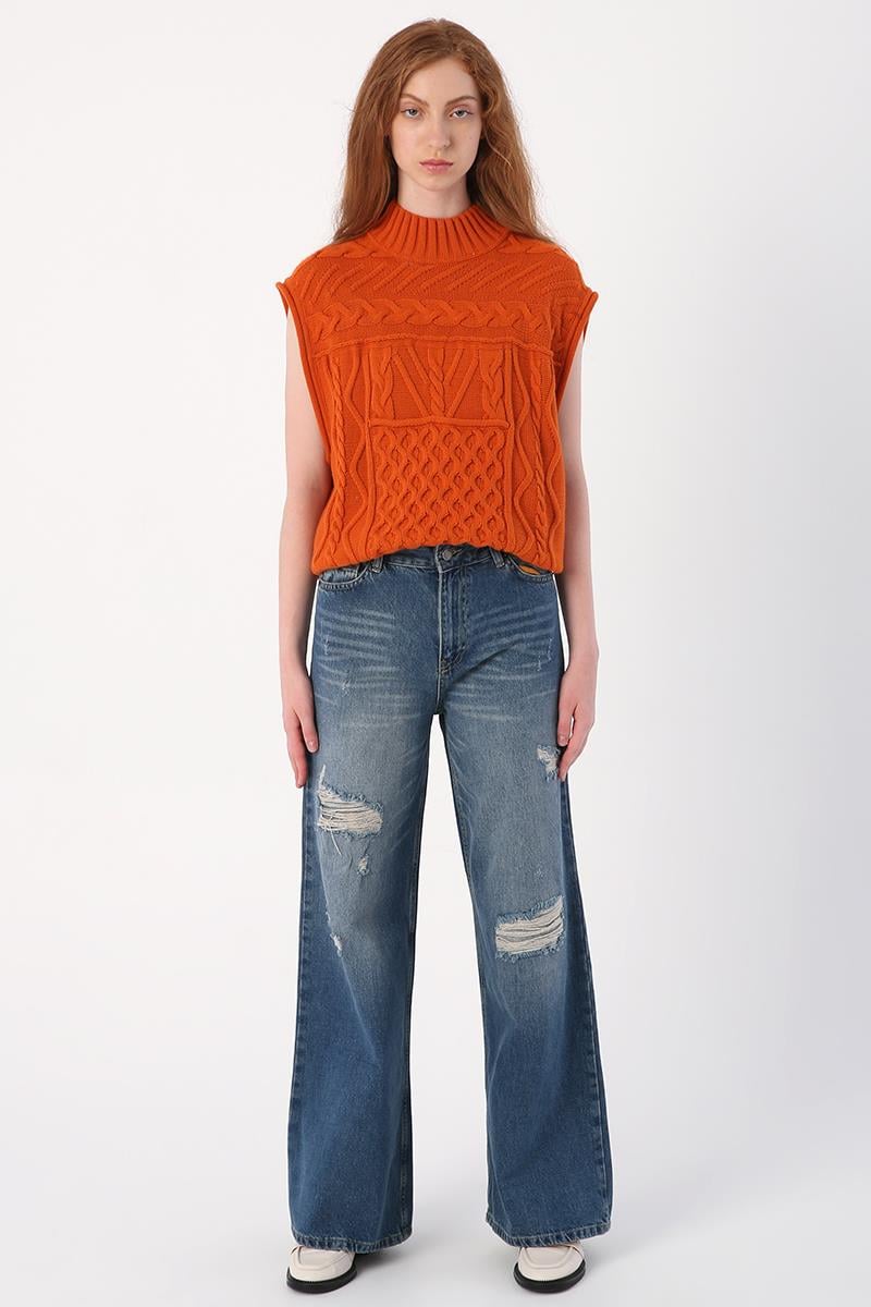 Mavi01-Yırtık Detaylı Bol Paça Denim Pantolon