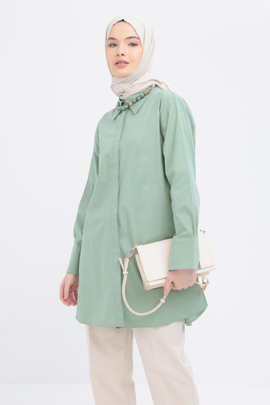 Mint-Manşeti Yırtmaç Detaylı Poplin Gömlek