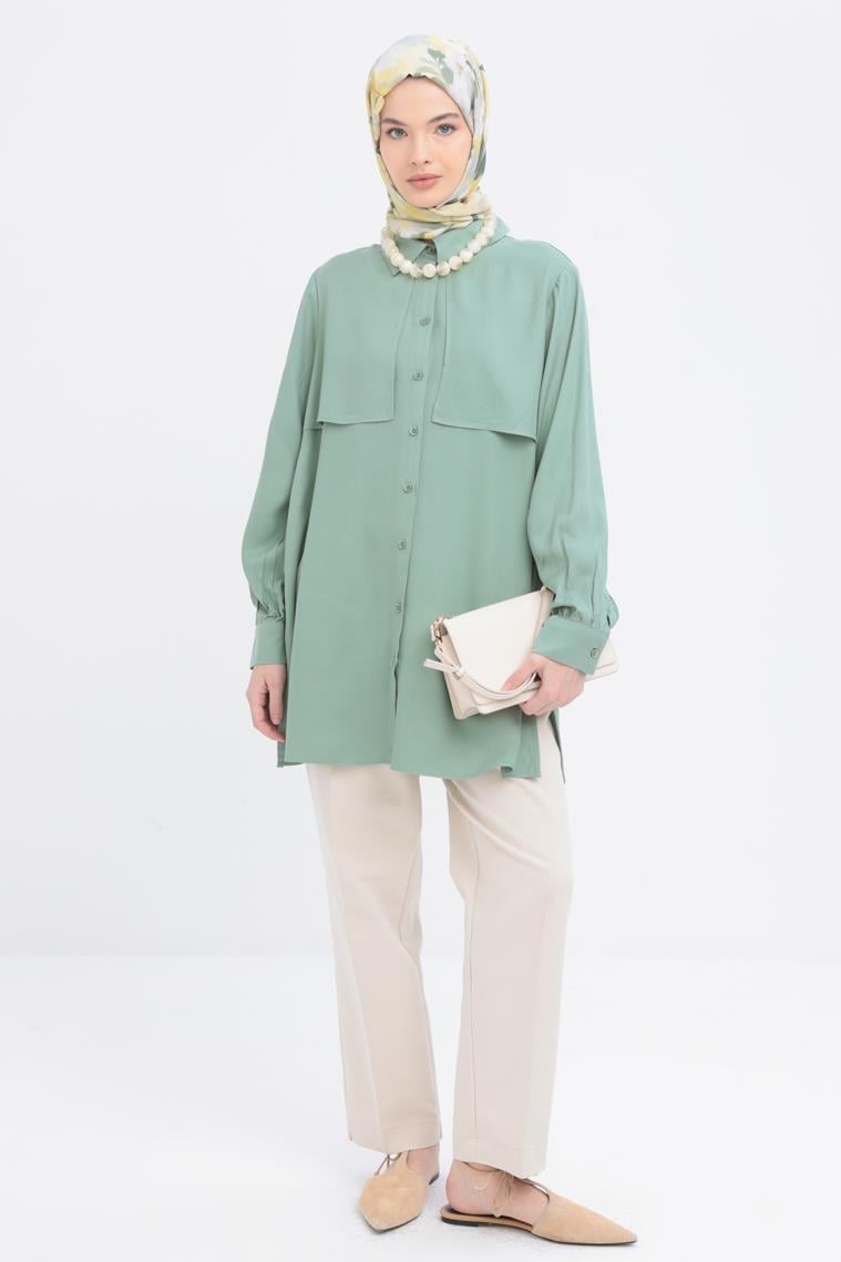 Mint-Önü Rüzgarlıklı Gömlek Tunik