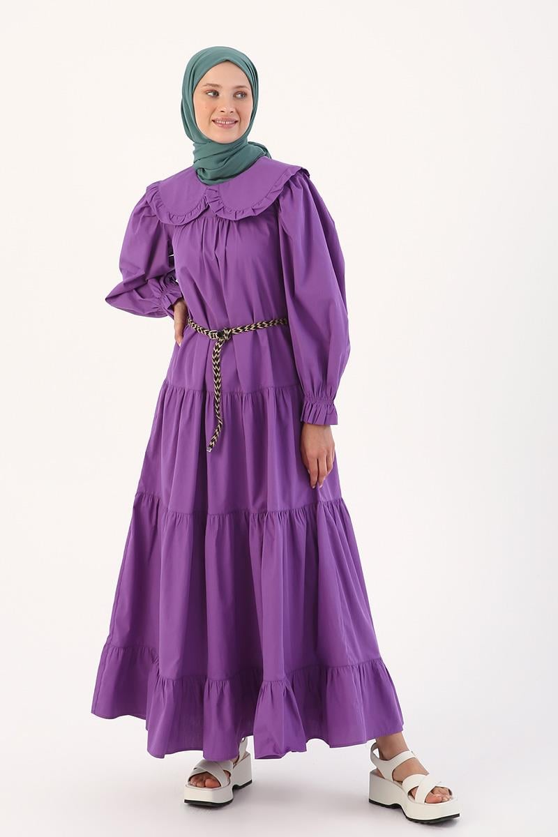 100% Cotton Baby Collar Ruffled Self Belted Dress