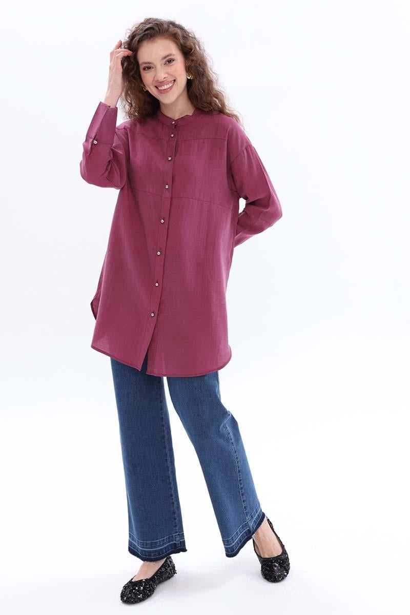 Mürdüm-Metal Düğmeli Gömlek Tunik