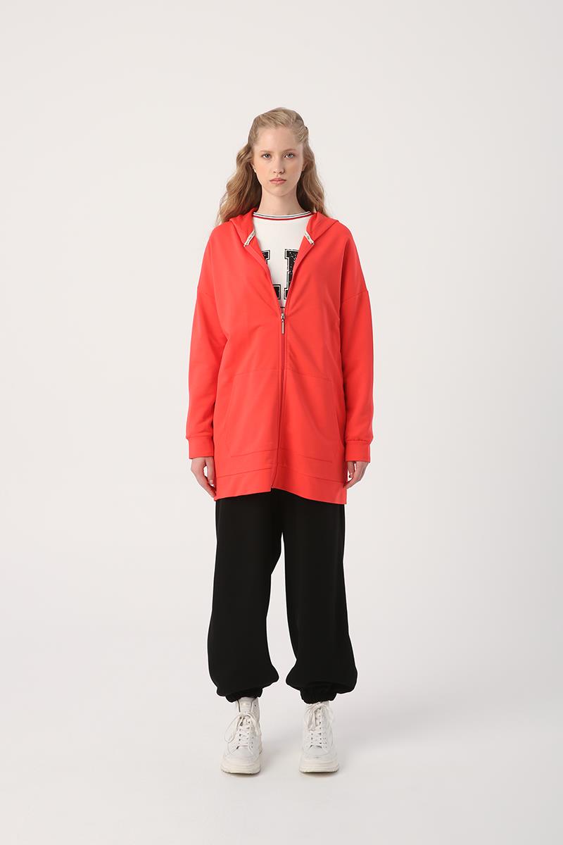 Nar Çiçeği-Kapüşonlu Fermuarlı Likralı Sweat Hırka