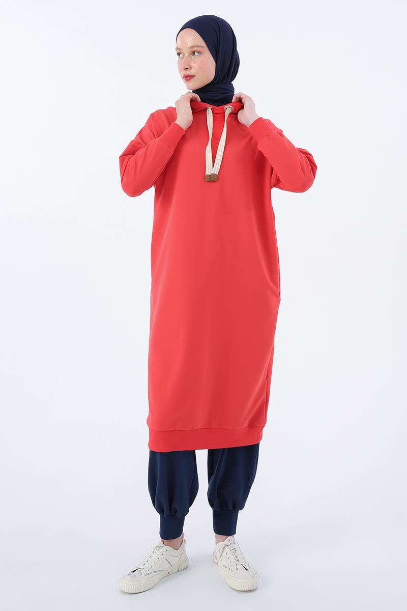Kuşgözlü Kapüşonlu Cepli Sweat Tunik