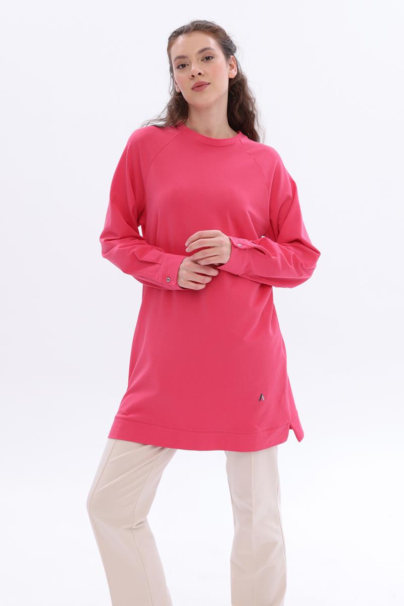 Pamuklu Reglan Kol Manşetli Yanları Yırtmaçlı Sweat Tunik