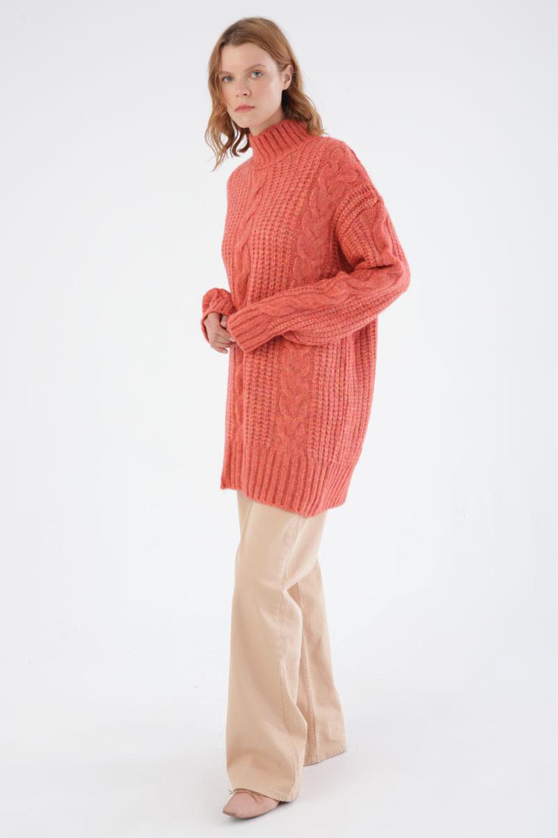 Pembe-Saç Örgülü Triko Kazak