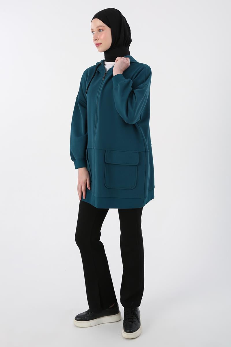 Cepli Kapüşonlu Oversize Sweat Hırka