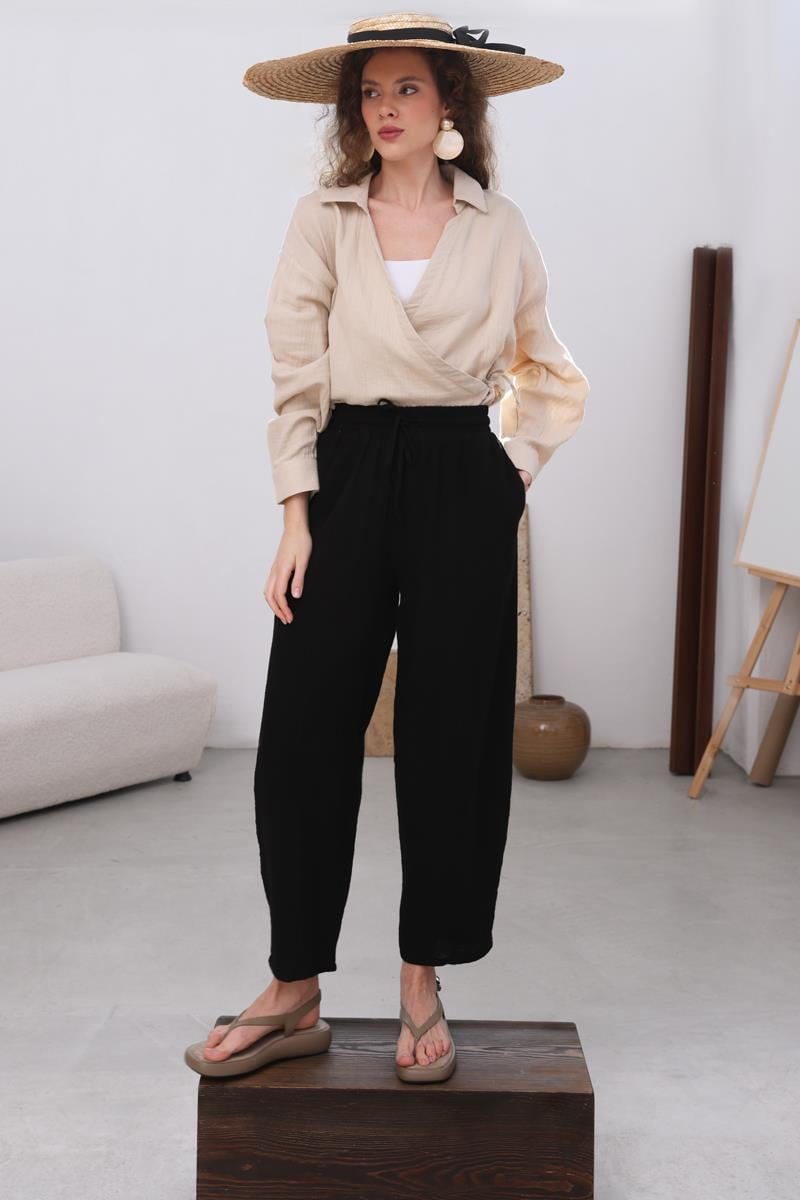 %100 Pamuklu Cepli Müslin Pantolon