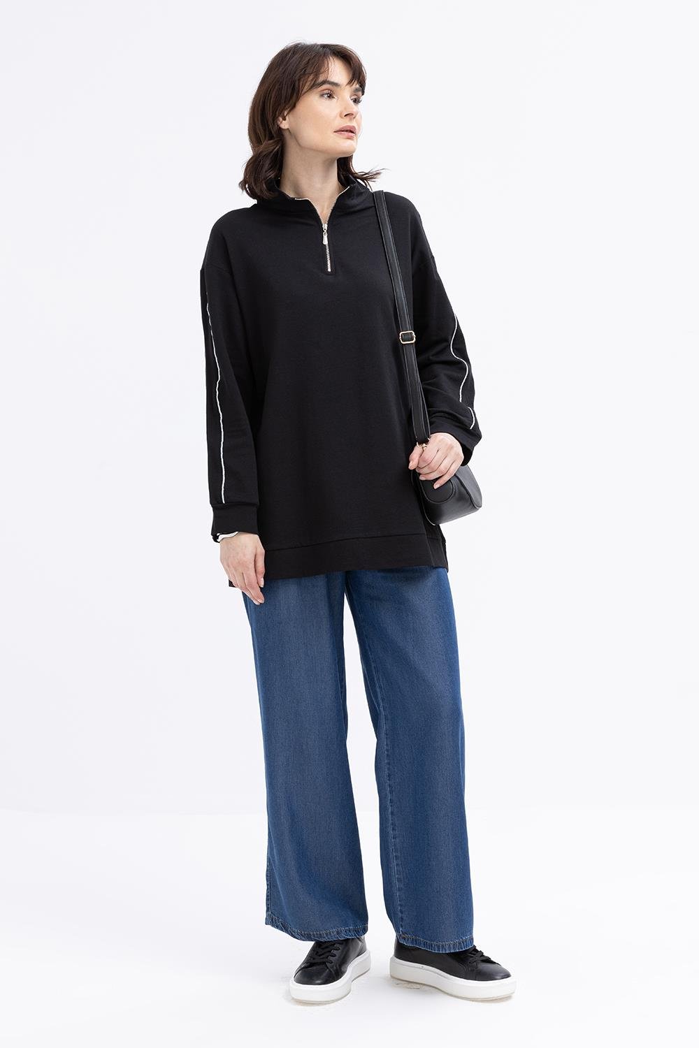 Siyah-Arabiyeli Fermuarlı Sweat Tunik