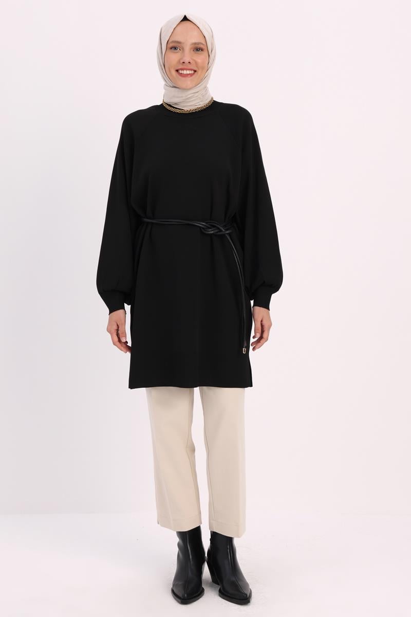 Balloon Sleeve Sweater Tunic With Side Slits