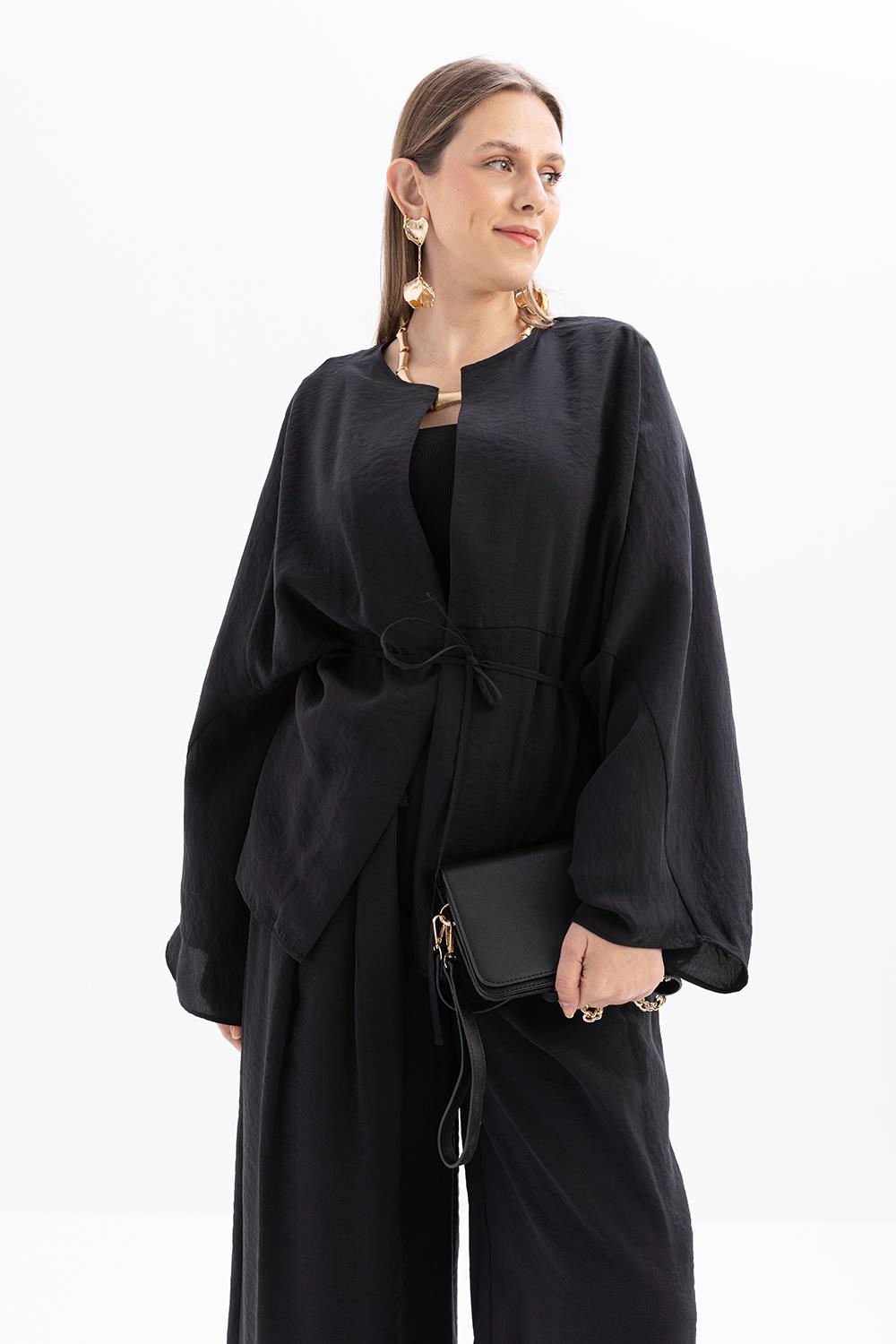 Siyah-Belden Bağcıklı Modal Kimono