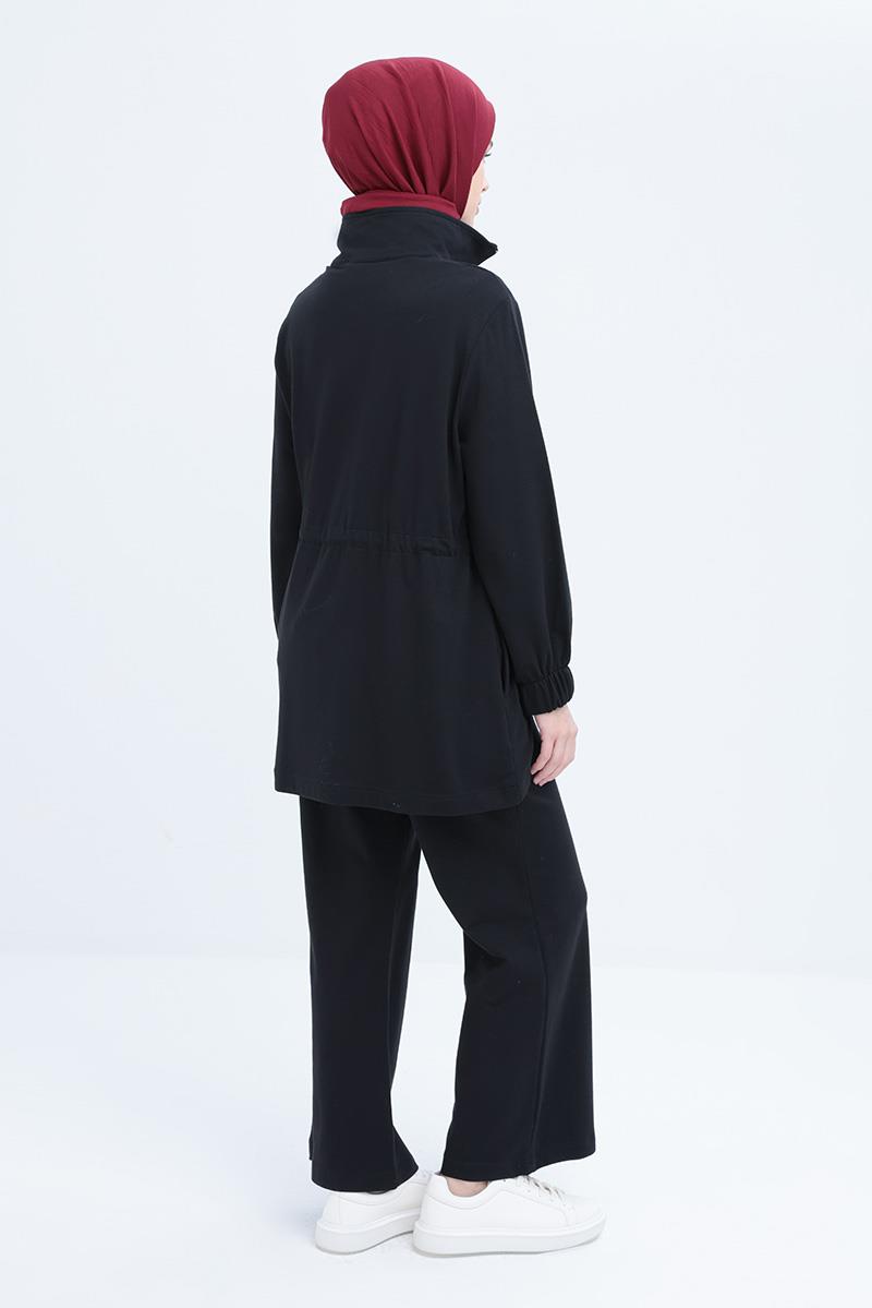 Siyah-Belden Büzgülü Fermuarlı Likralı Eşofman Takımı