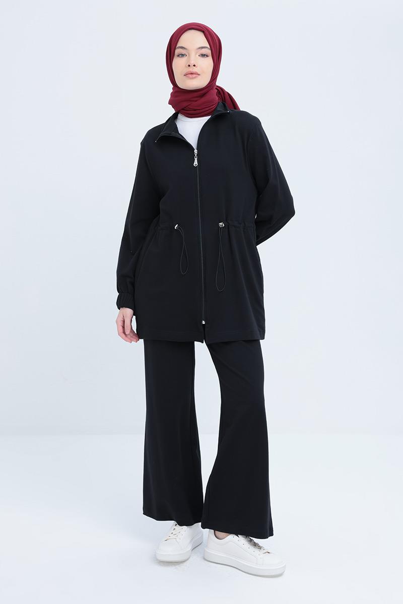 Siyah-Belden Büzgülü Fermuarlı Eşofman Takımı