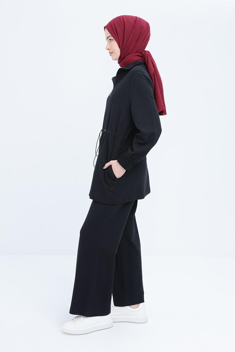 Siyah-Belden Büzgülü Fermuarlı Likralı Eşofman Takımı