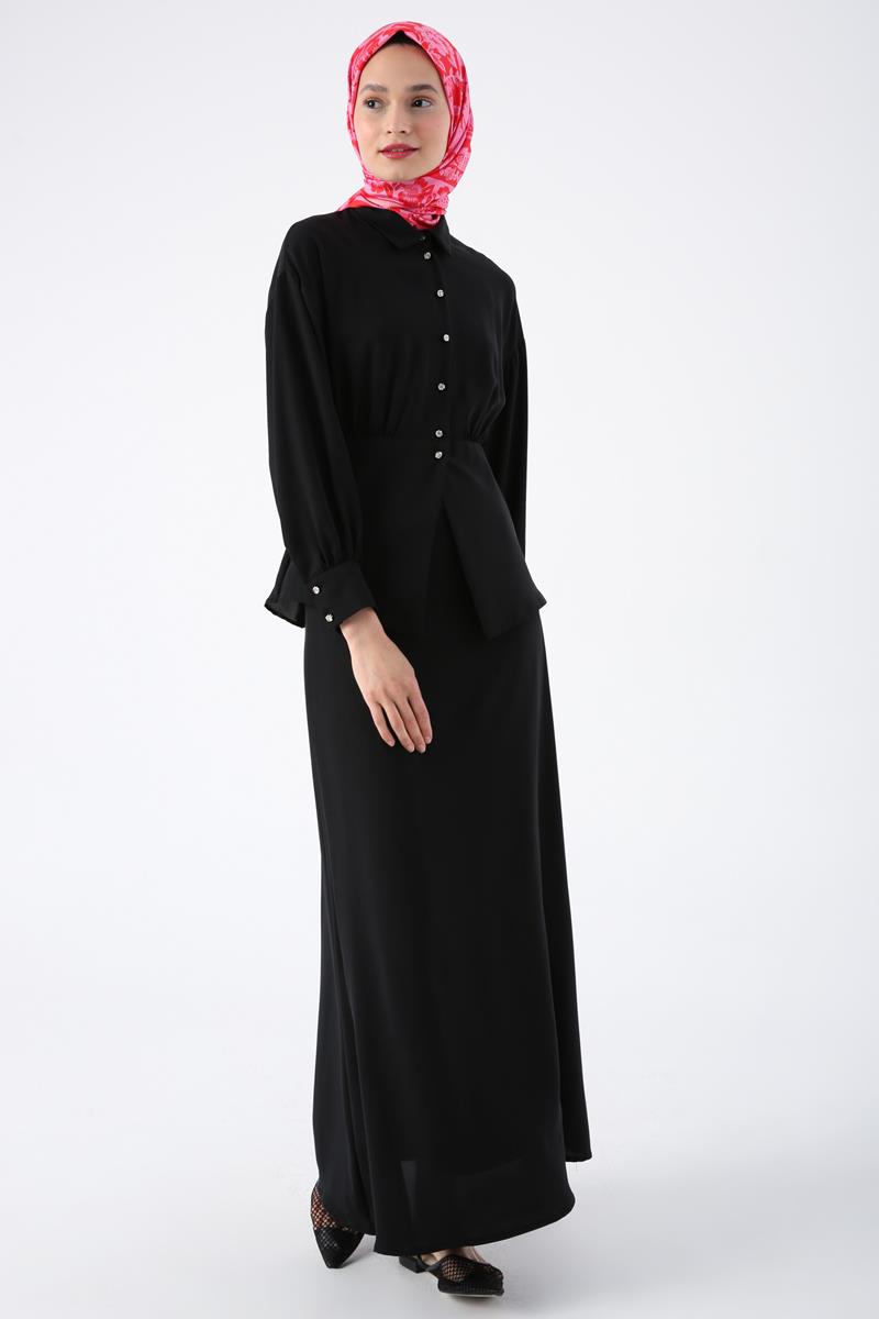 Beli Büzgü Detaylı Şık Düğmeli Şifon Bluz Etek Takım