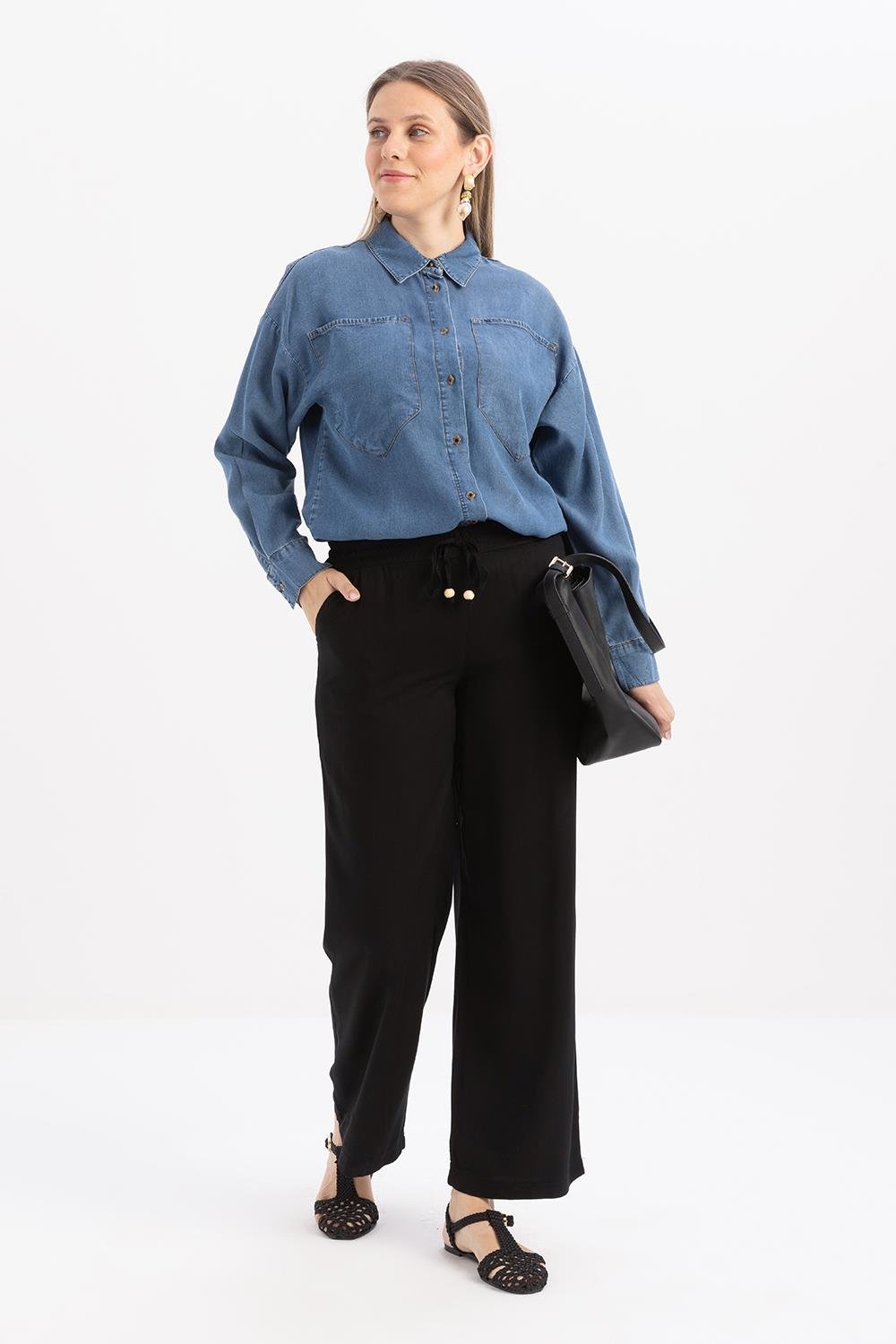 Siyah-Beli Lastikli Denim Pantolon