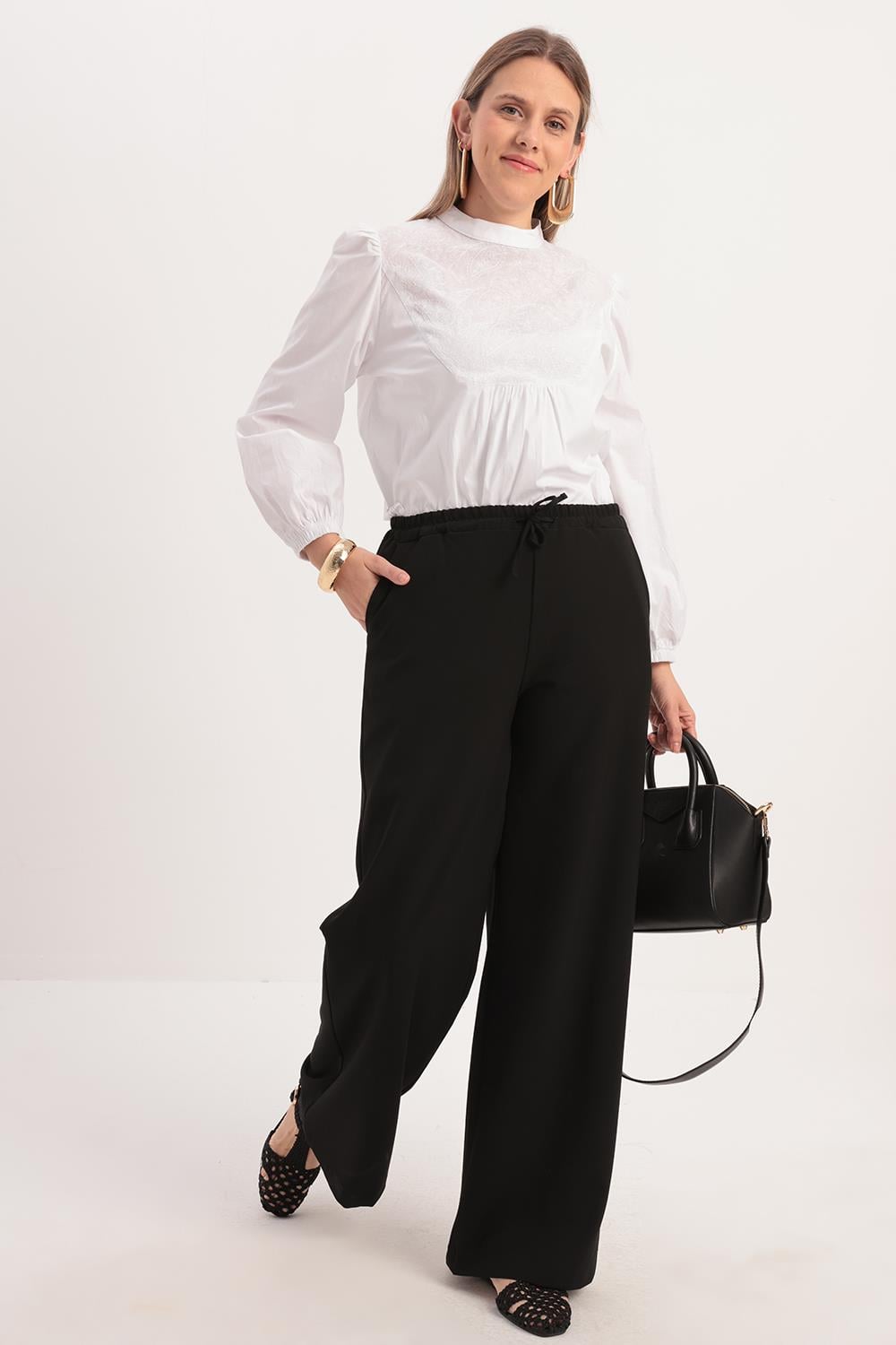 Siyah-Beli Lastikli Kordonlu Pantolon