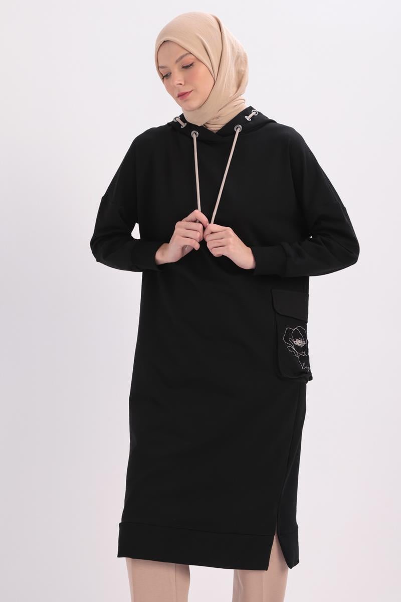 Tek Cepli Nakışlı Kapüşonlu Sweat Tunik