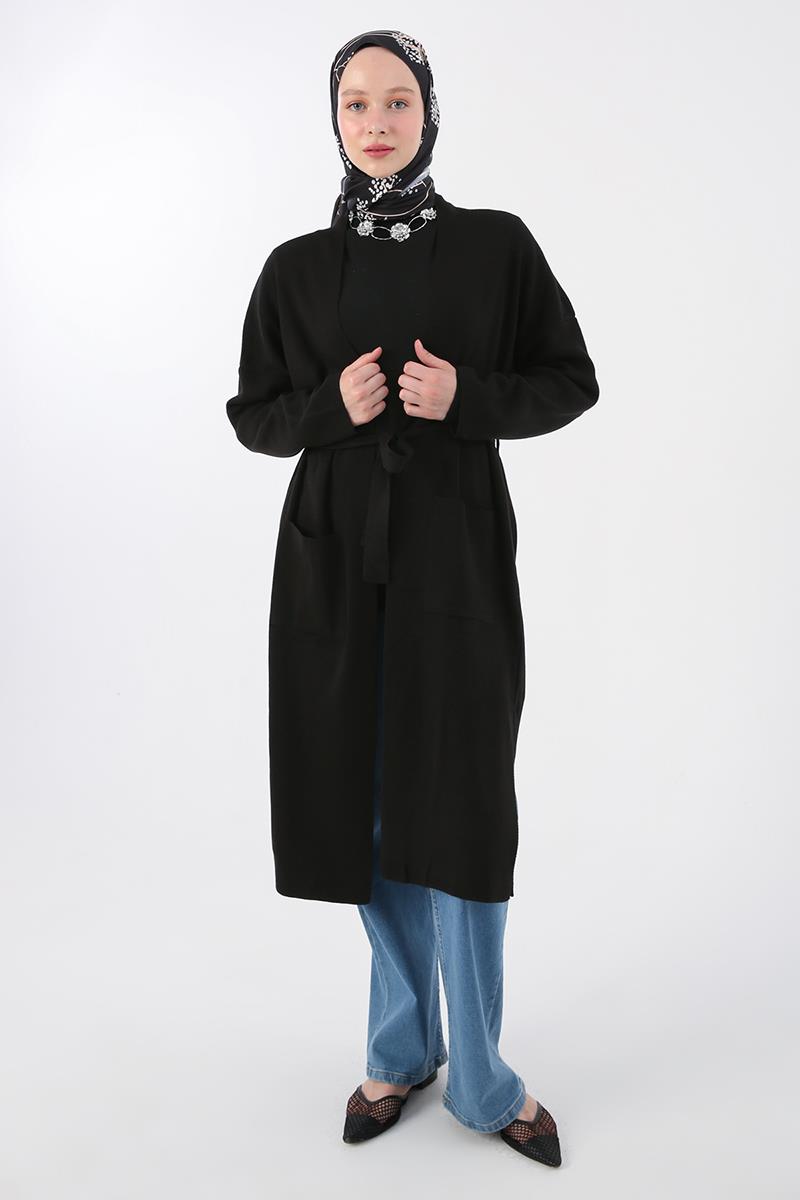 Belted Sweater Cardigan with Side Slits and Pockets
