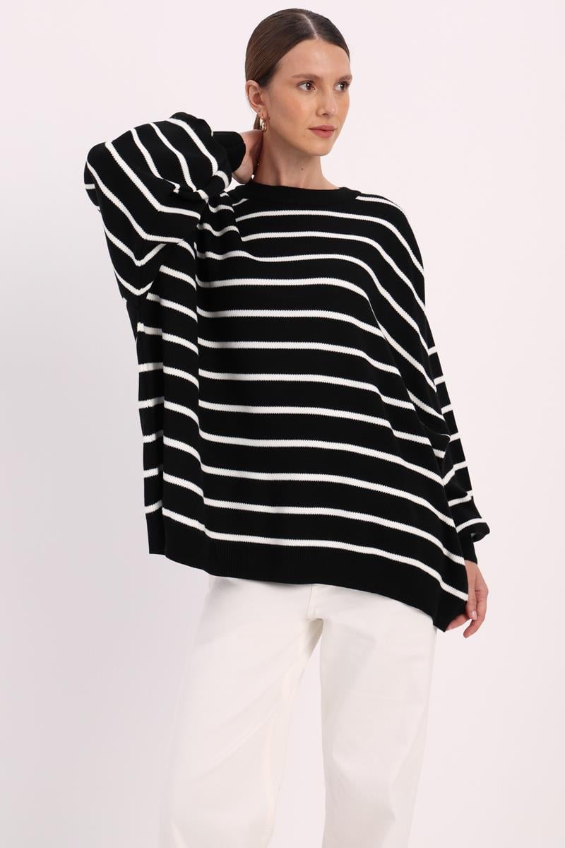 Çizgili Balon Kollu Oversize Triko Kazak