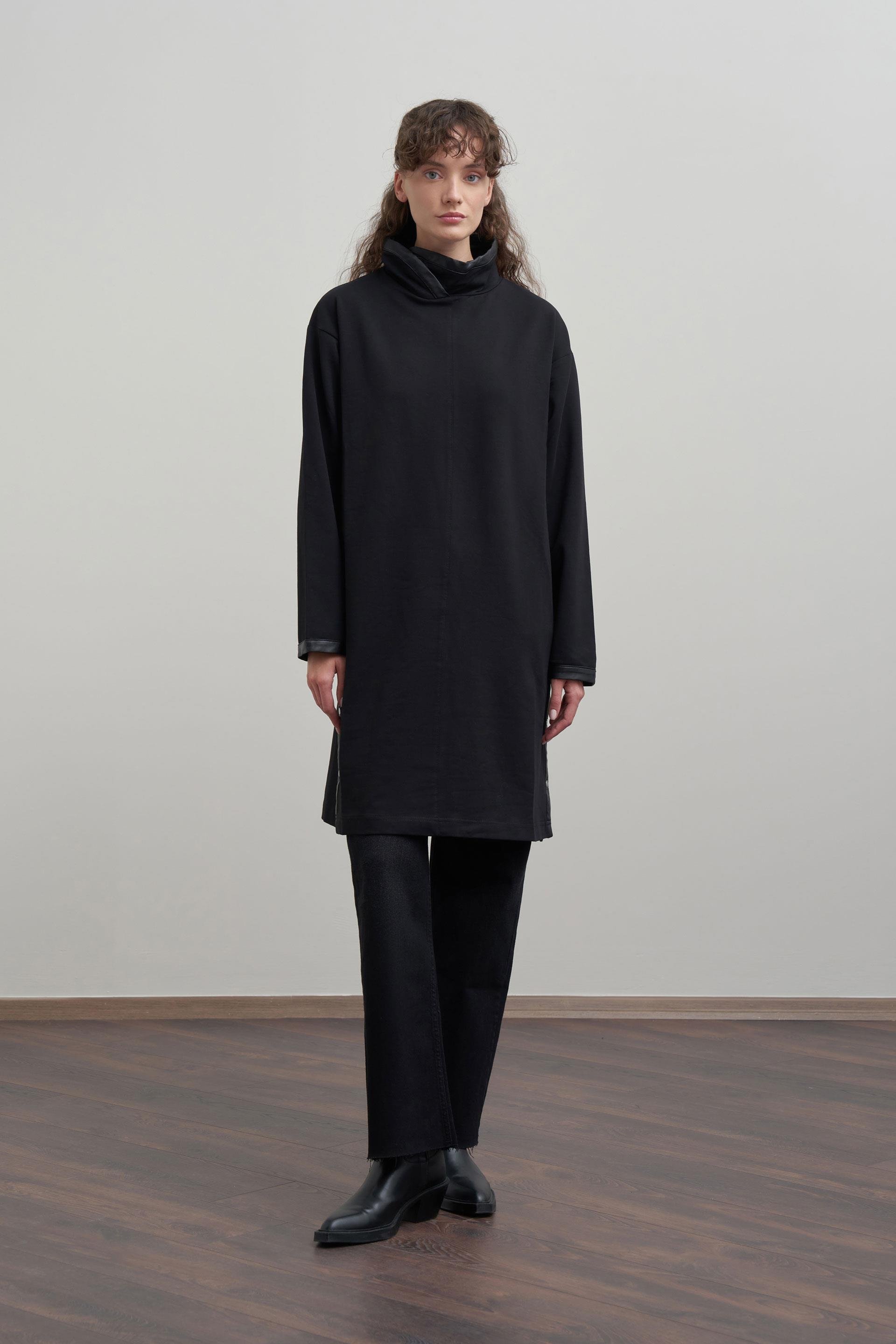 Siyah-Deri Biyeli Pamuklu Uzun Tunik