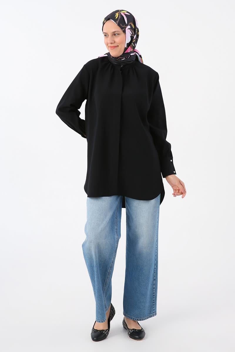 Stand Up Collar Pleated Cufflink Detailed Shirt Tunic
