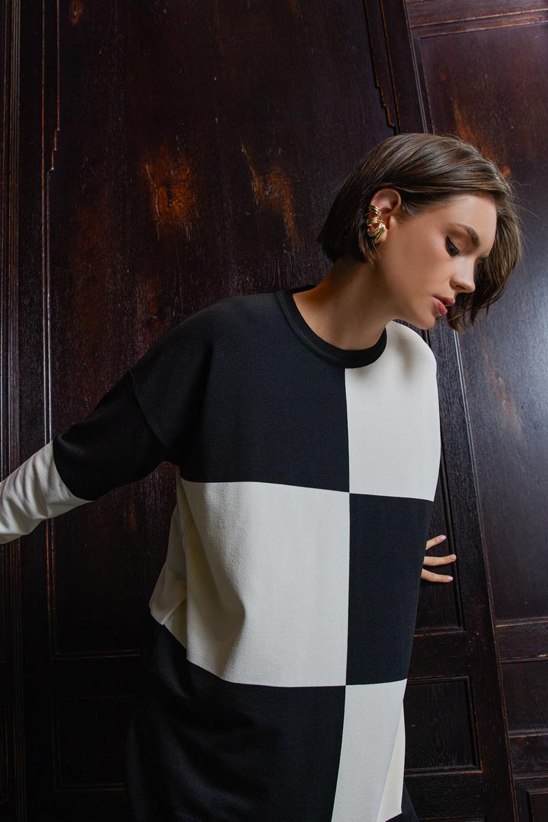 Çift Renkli Damalı Triko Tunik