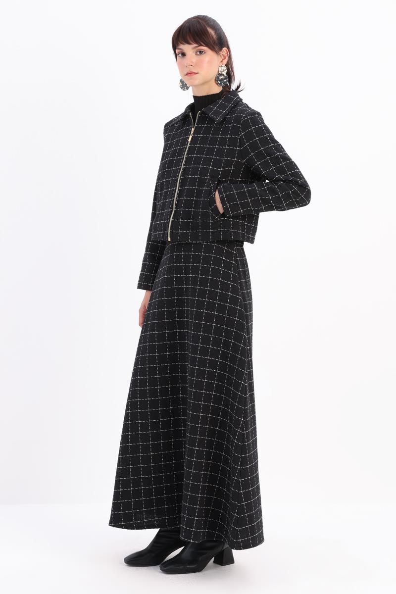 Siyah-Ekru-Simli Tüvit Fermuarlı Etekli Takım