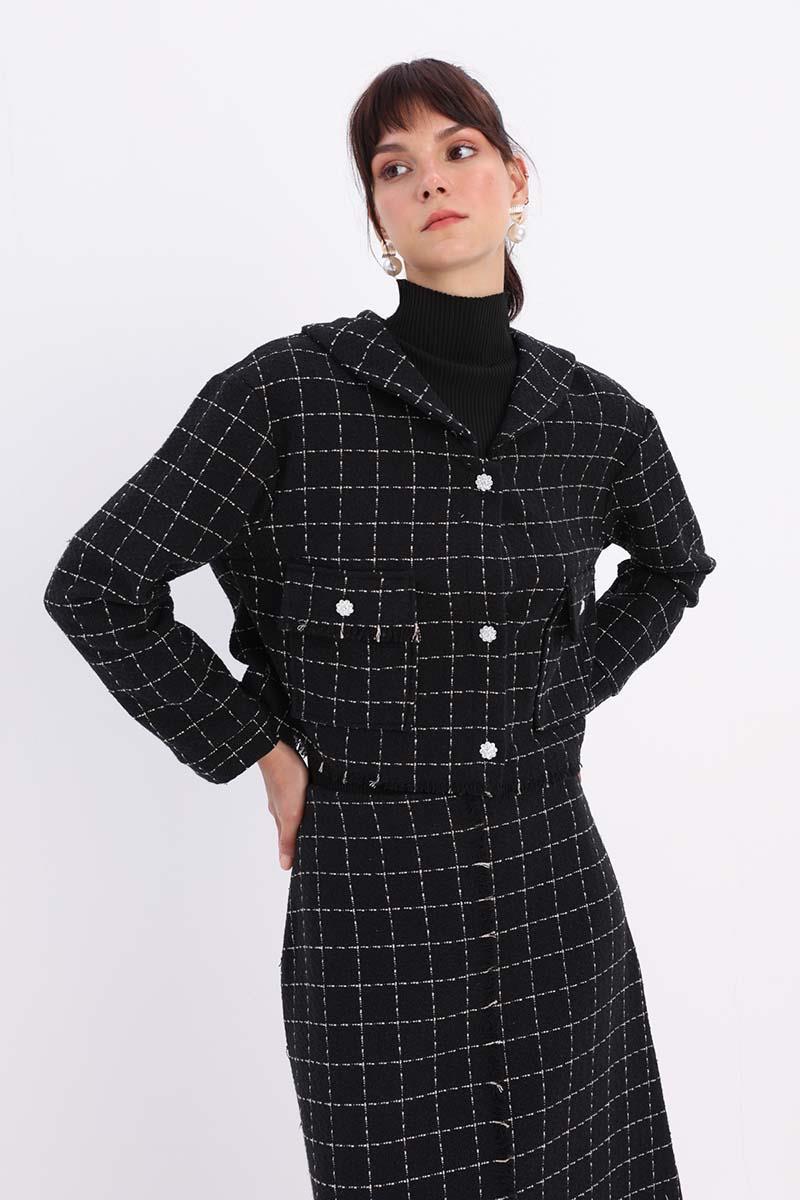 Tweed Skirt Suit with Stones Buttoned Pocket