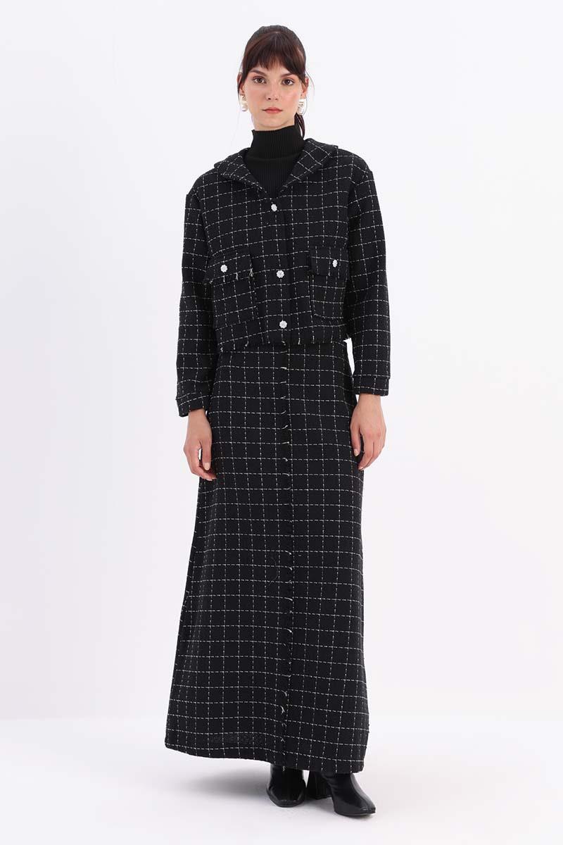 Tweed Skirt Suit with Stones Buttoned Pocket