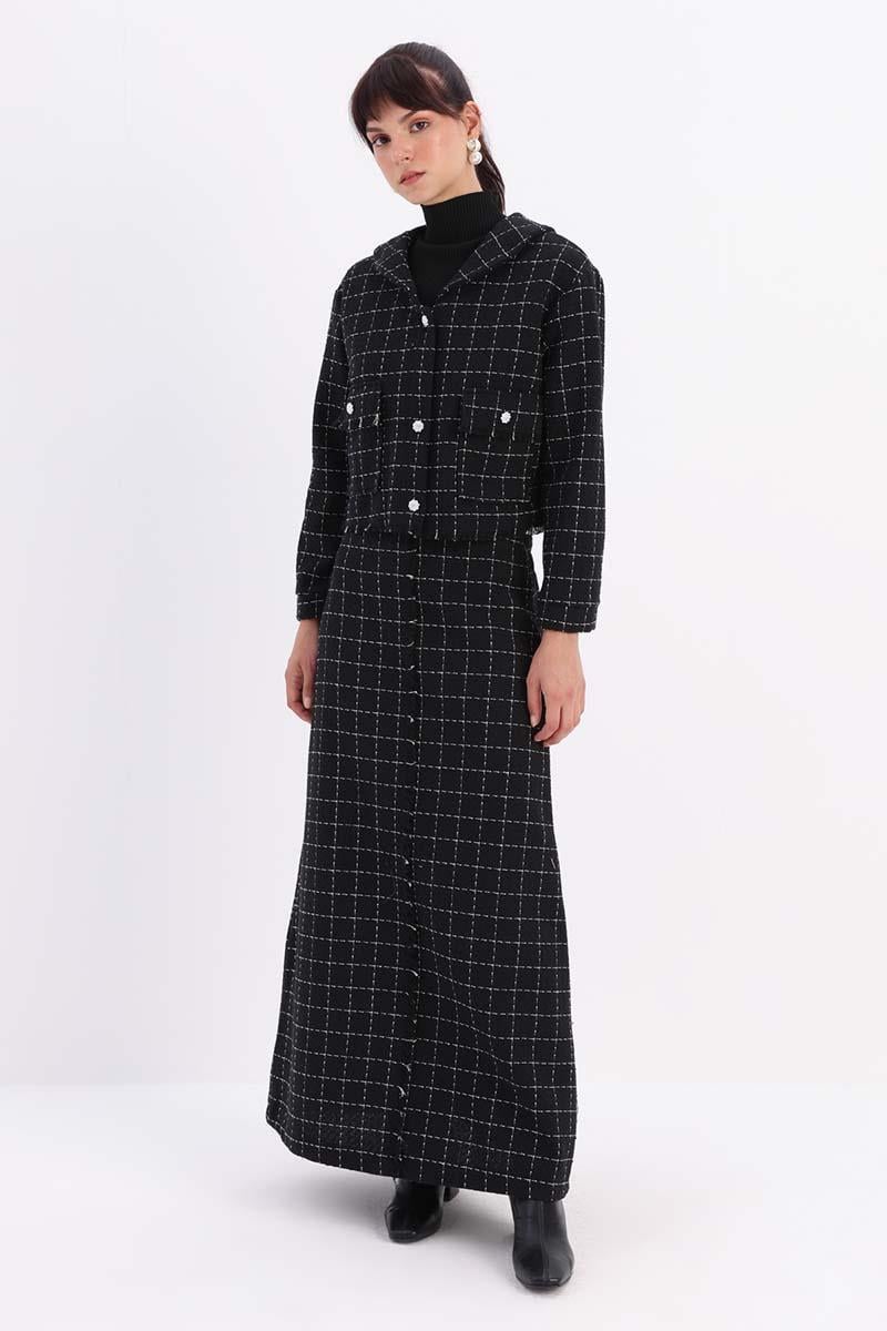 Tweed Skirt Suit with Stones Buttoned Pocket