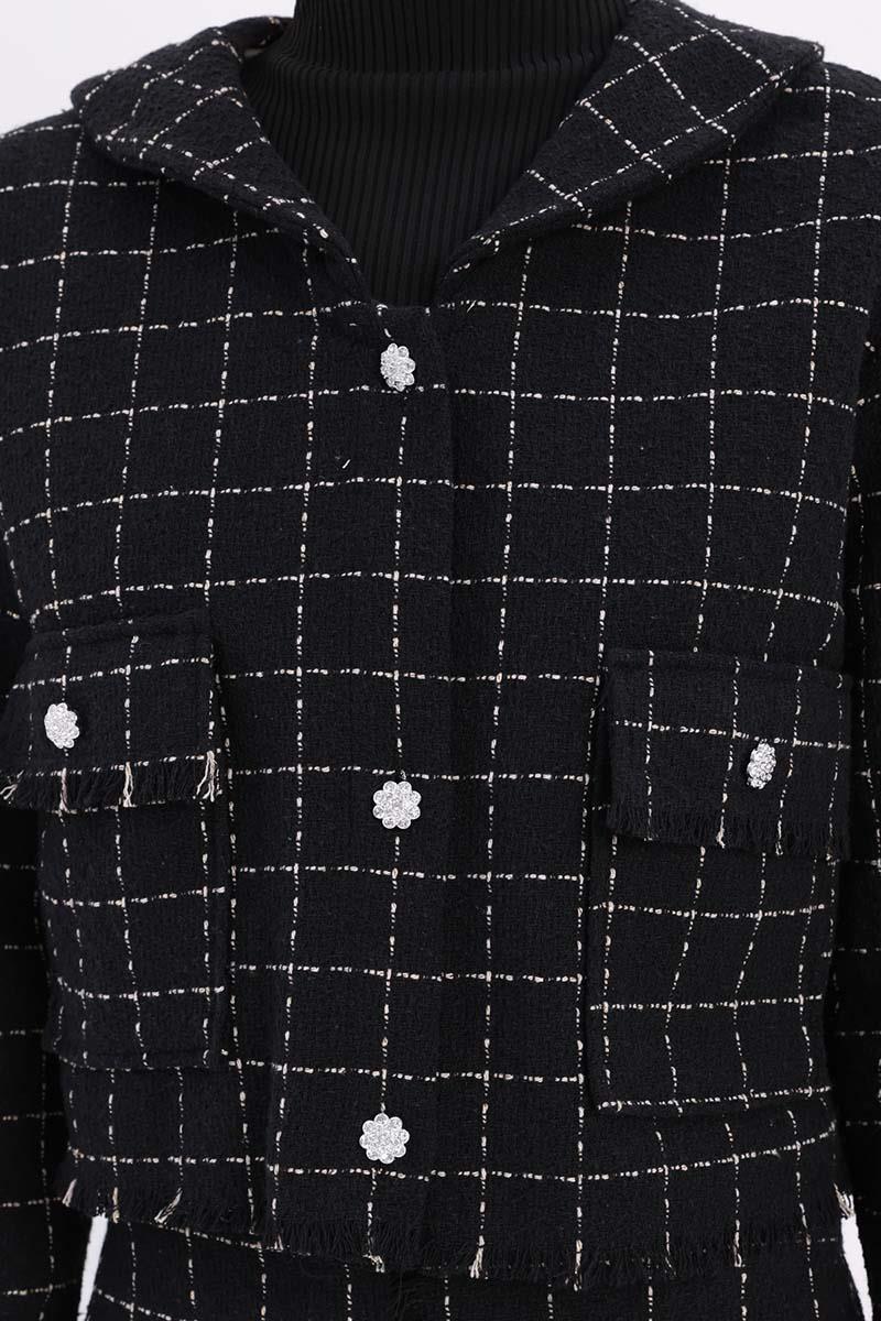 Tweed Skirt Suit with Stones Buttoned Pocket