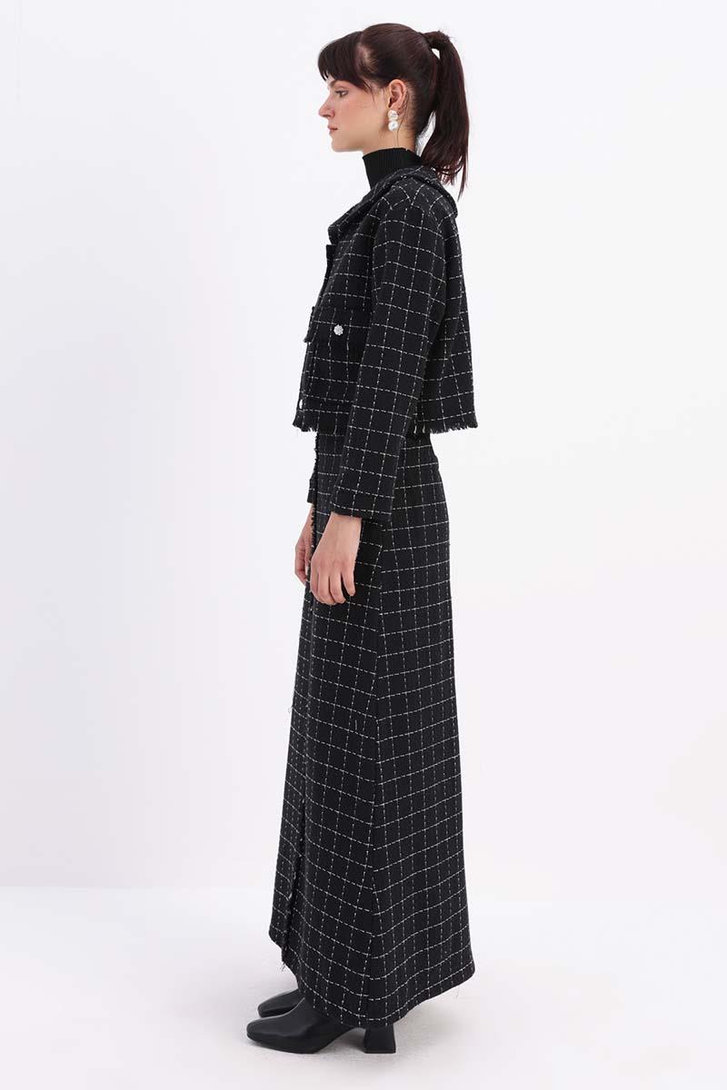 Tweed Skirt Suit with Stones Buttoned Pocket