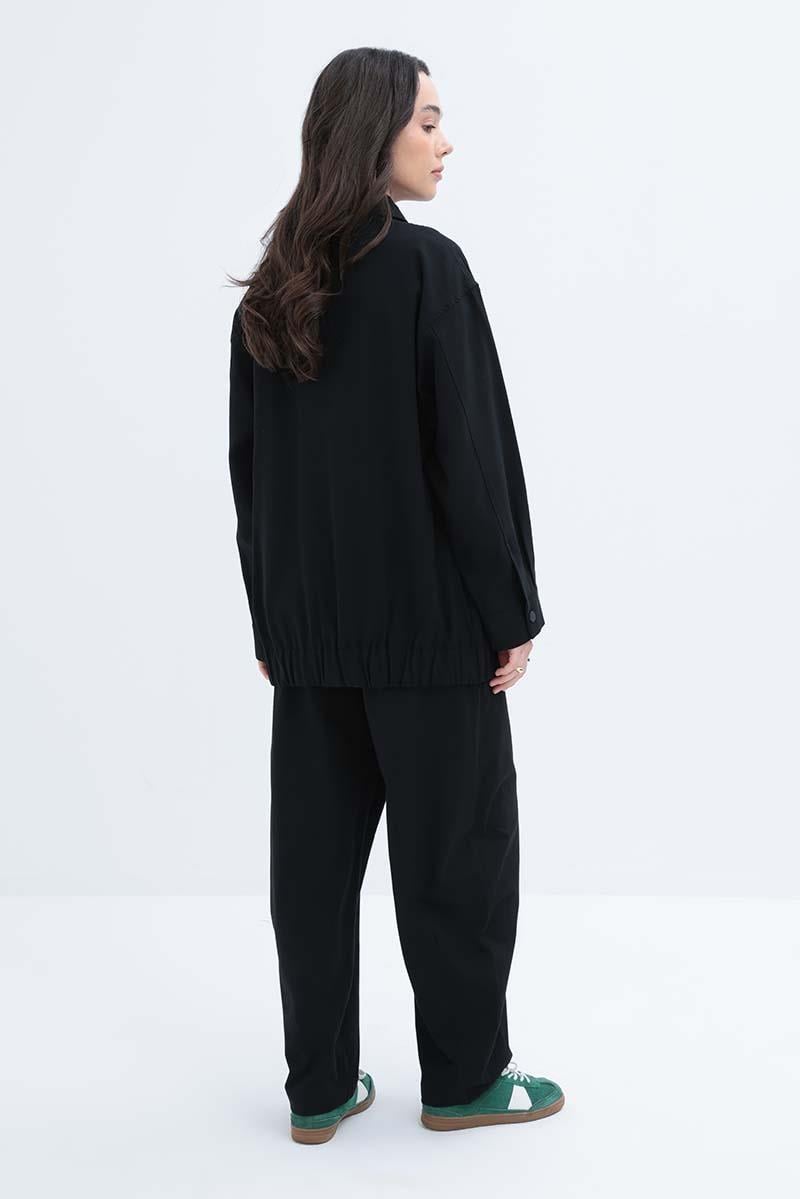 Siyah-Etek Ucu Lastikli Fermuarlı Ceket