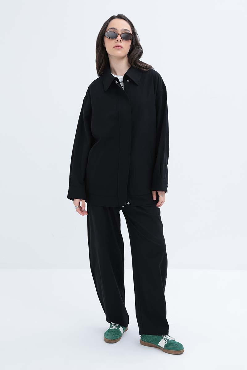 Siyah-Etek Ucu Lastikli Fermuarlı Ceket