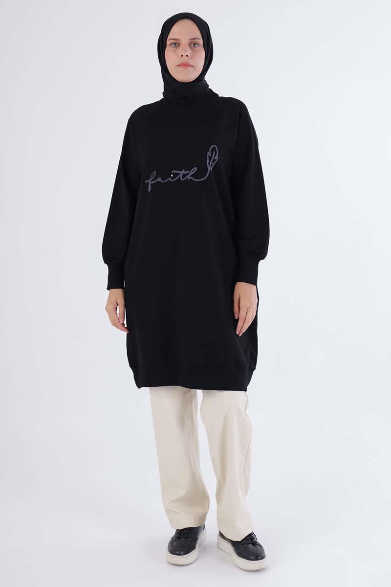 Siyah-Faıth Yazılı Nakışlı Sweat Tunik