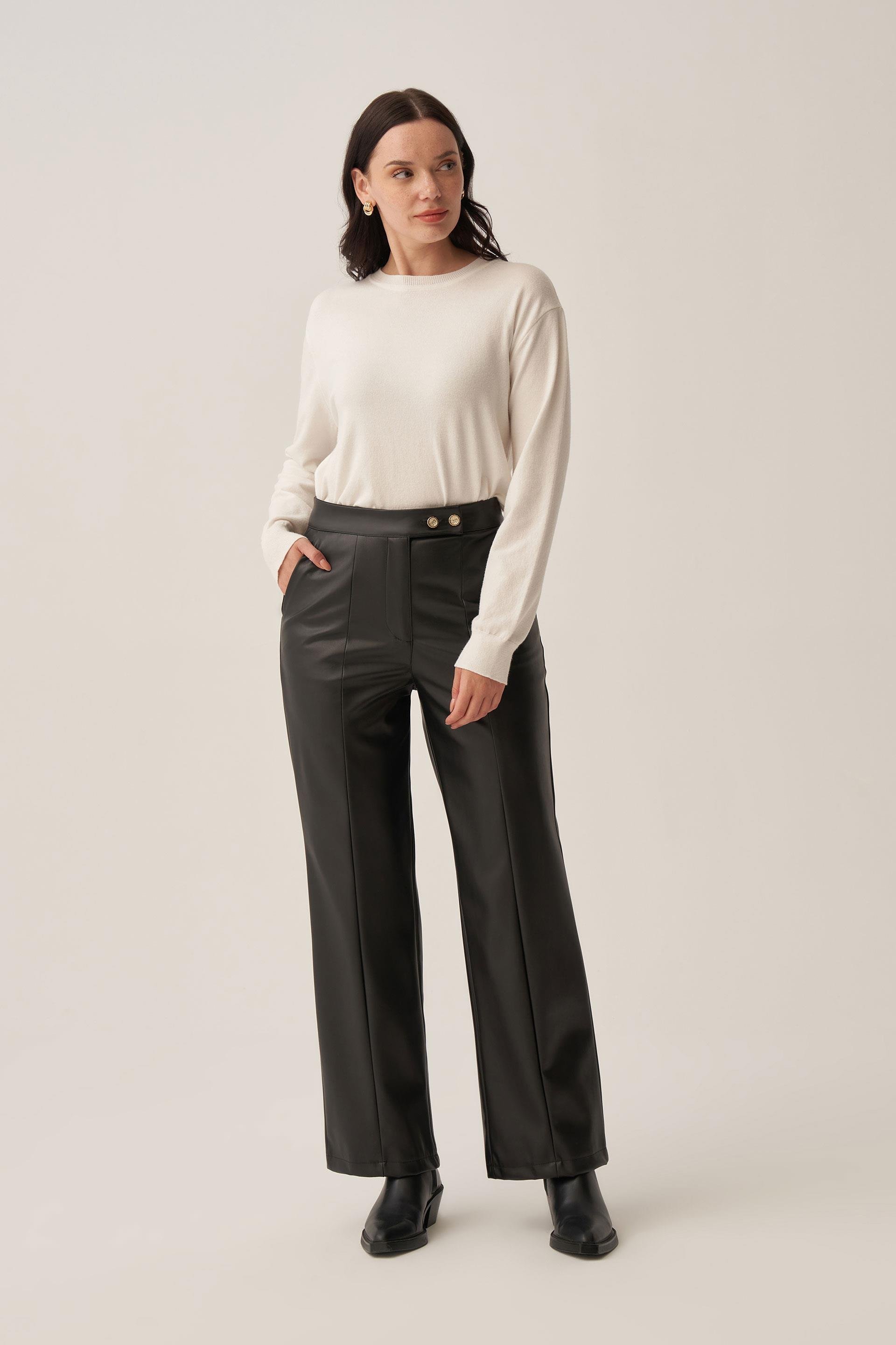 Siyah-Gold Düğmeli Süet Deri Pantolon