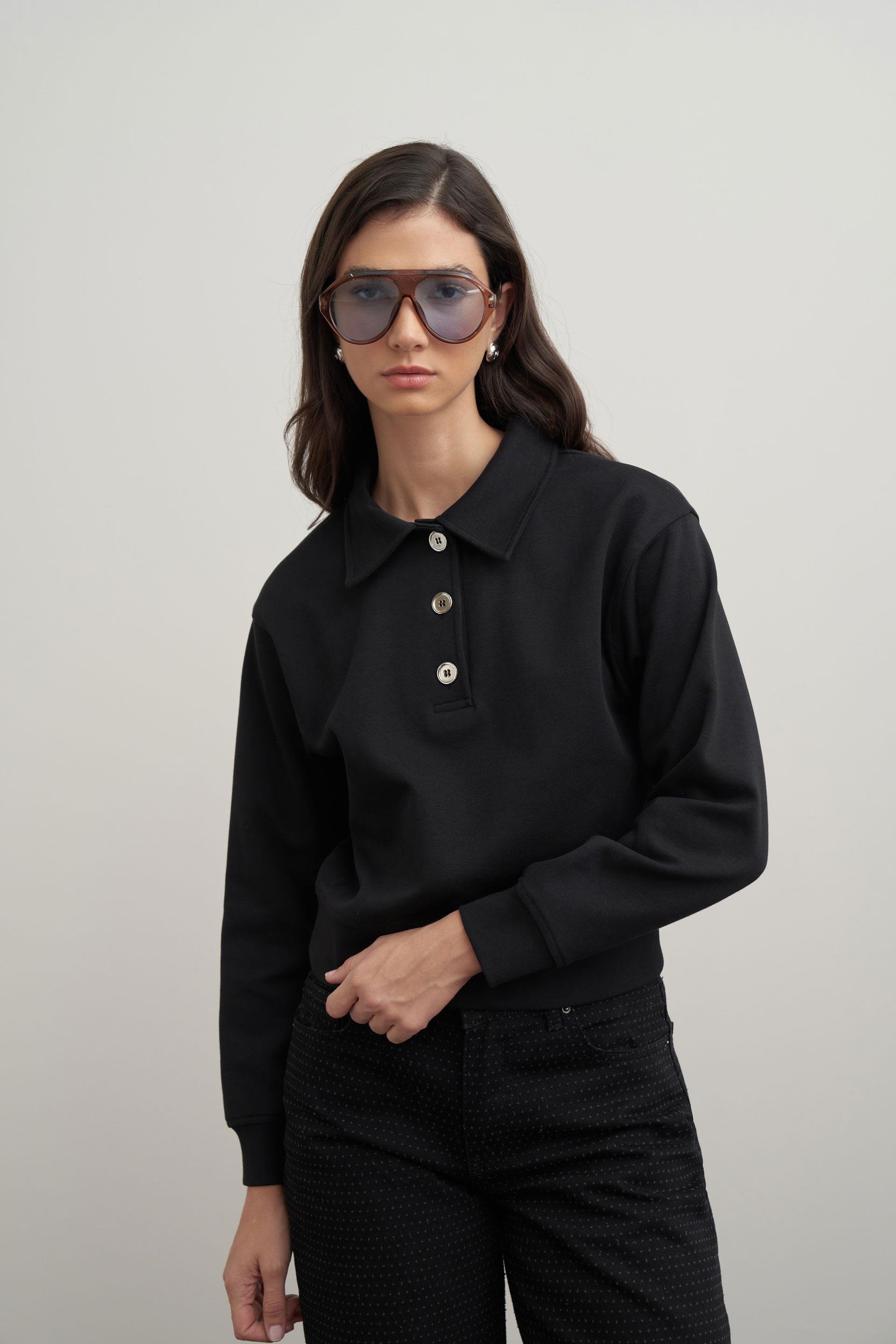 Siyah-Gömlek Yakalı İnterlok Sweatshırt