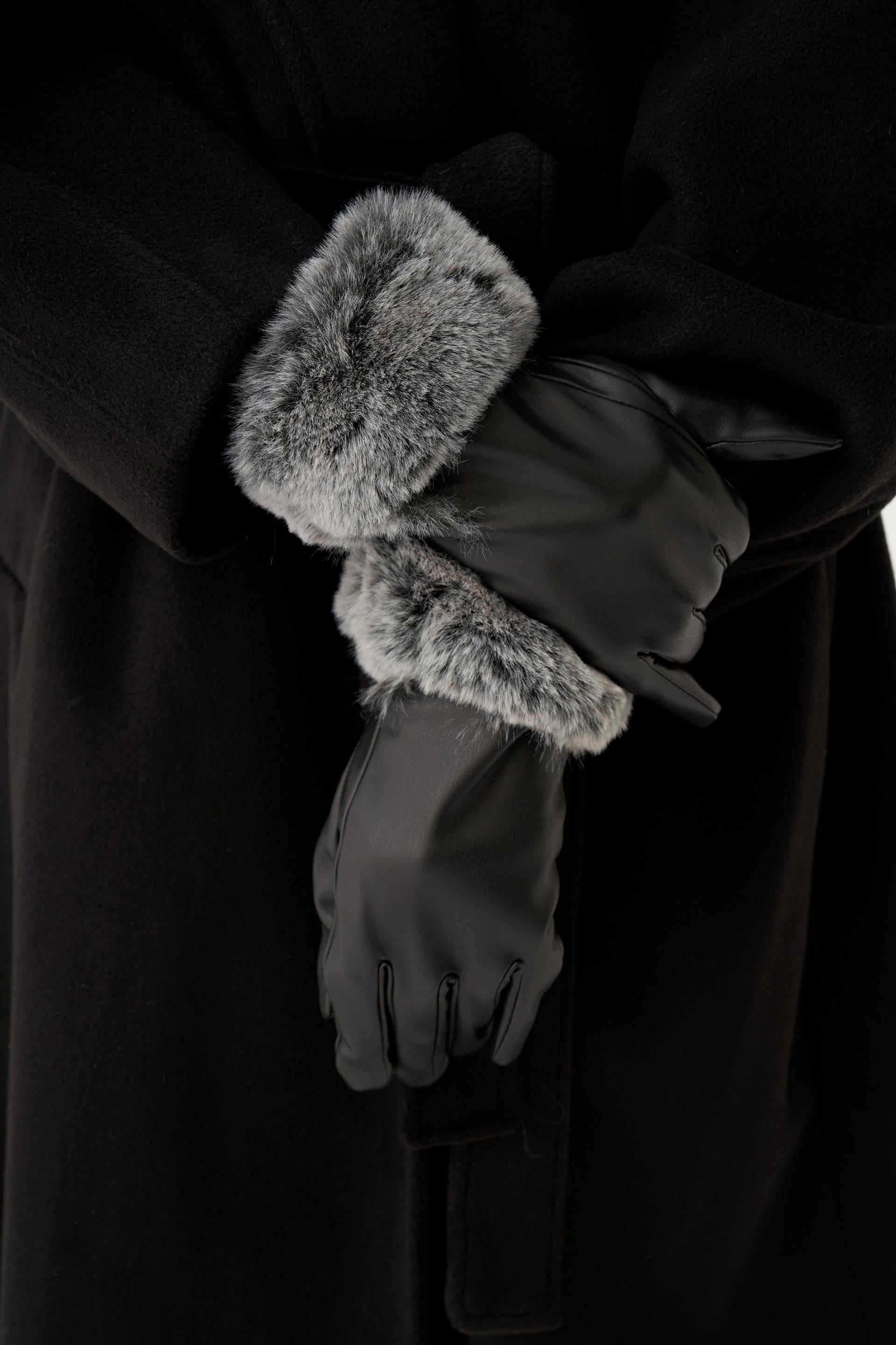 Siyah-Gri Kürklü Deri Eldiven