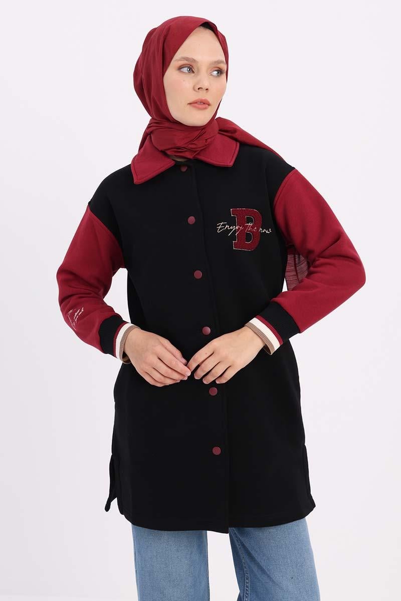 İki Renkli Nakışlı Düğmeli Rahat Hırka