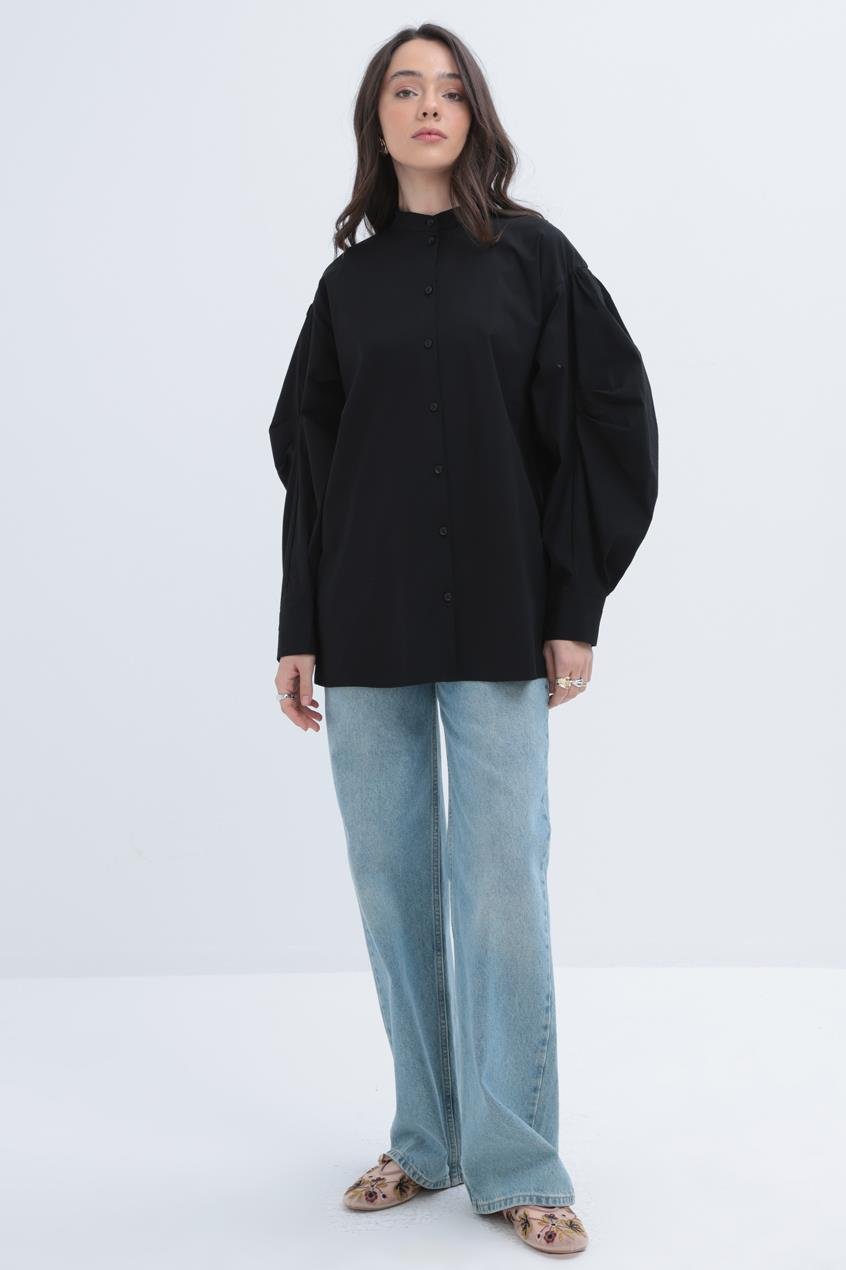 Siyah-İnce Kuşaklı Pileli Poplin Gömlek