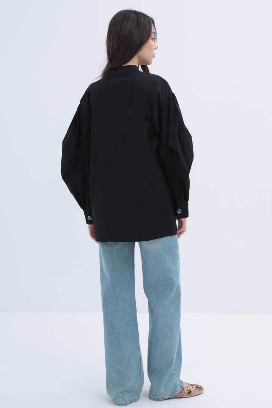 Siyah-İnce Kuşaklı Pileli Poplin Gömlek