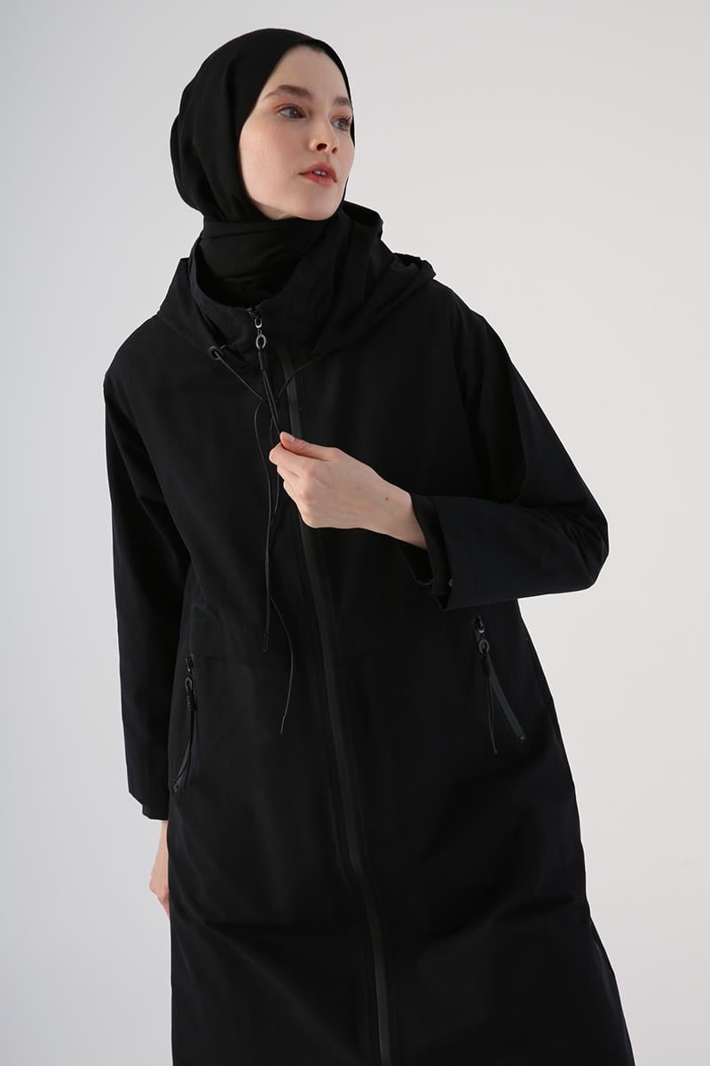 Hooded Zipper Front Trench Coat