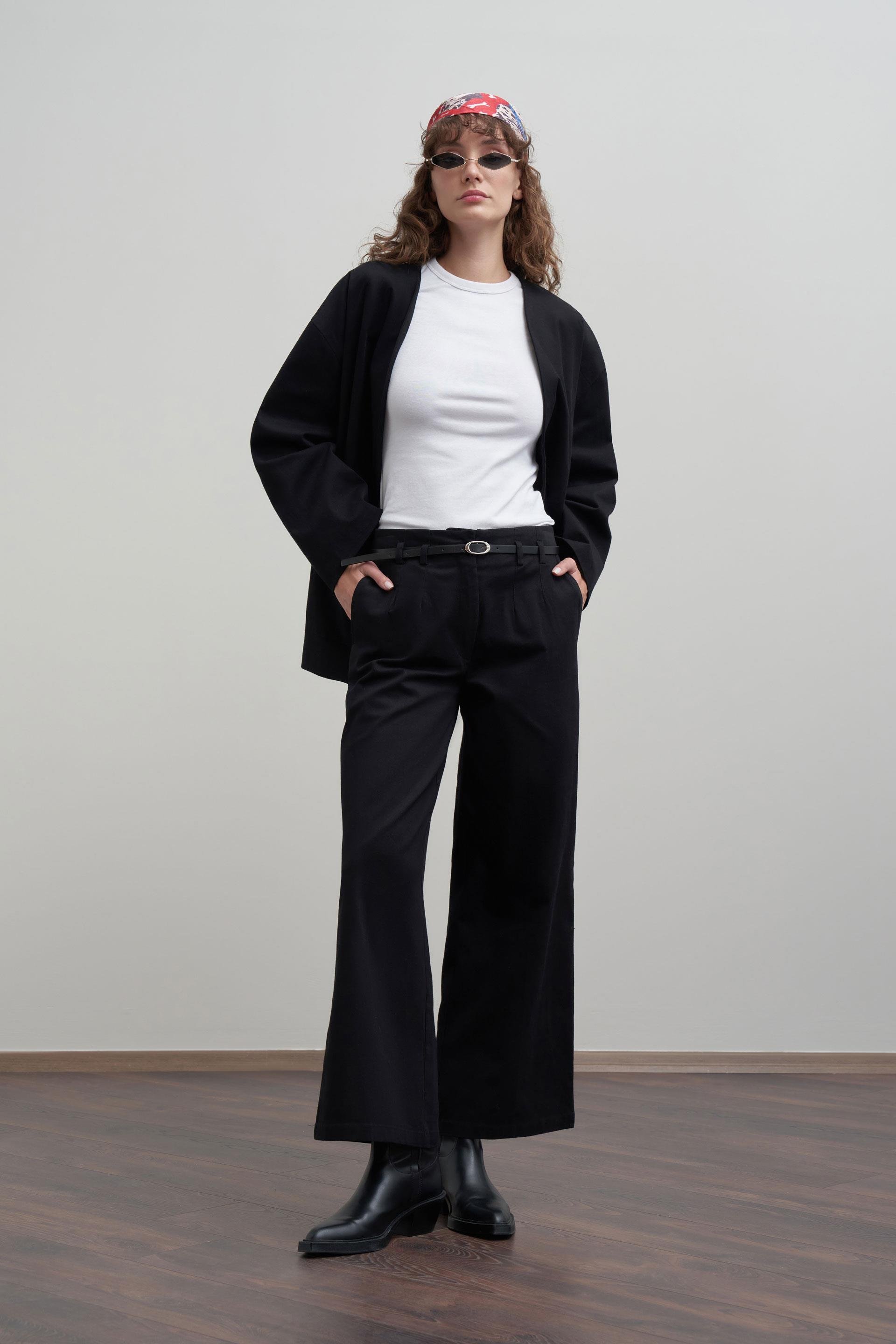 Siyah-Kemerli Bol Paça Pantolon