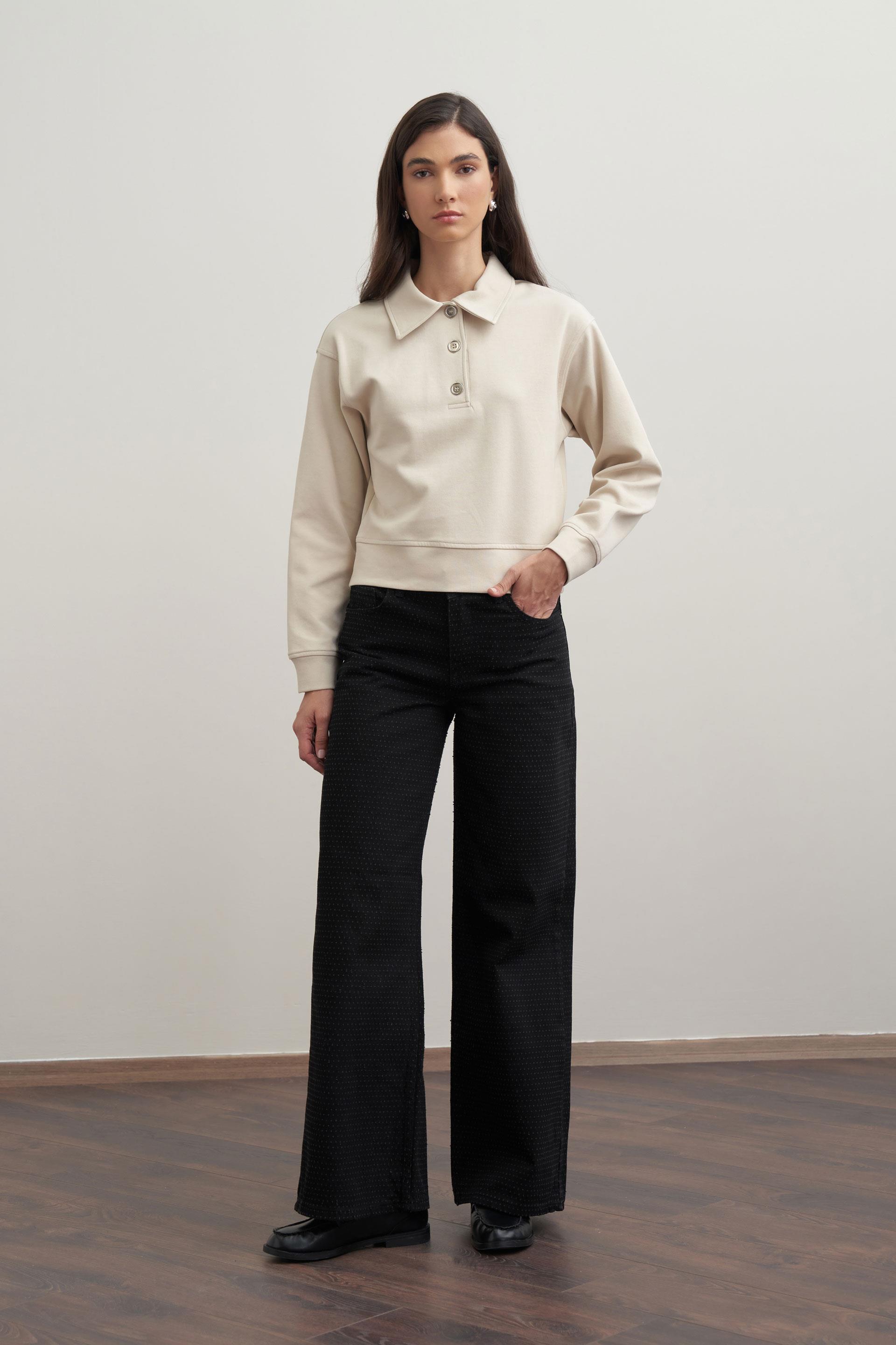 Siyah-Kırık İğne Dokulu Denim Pantolon