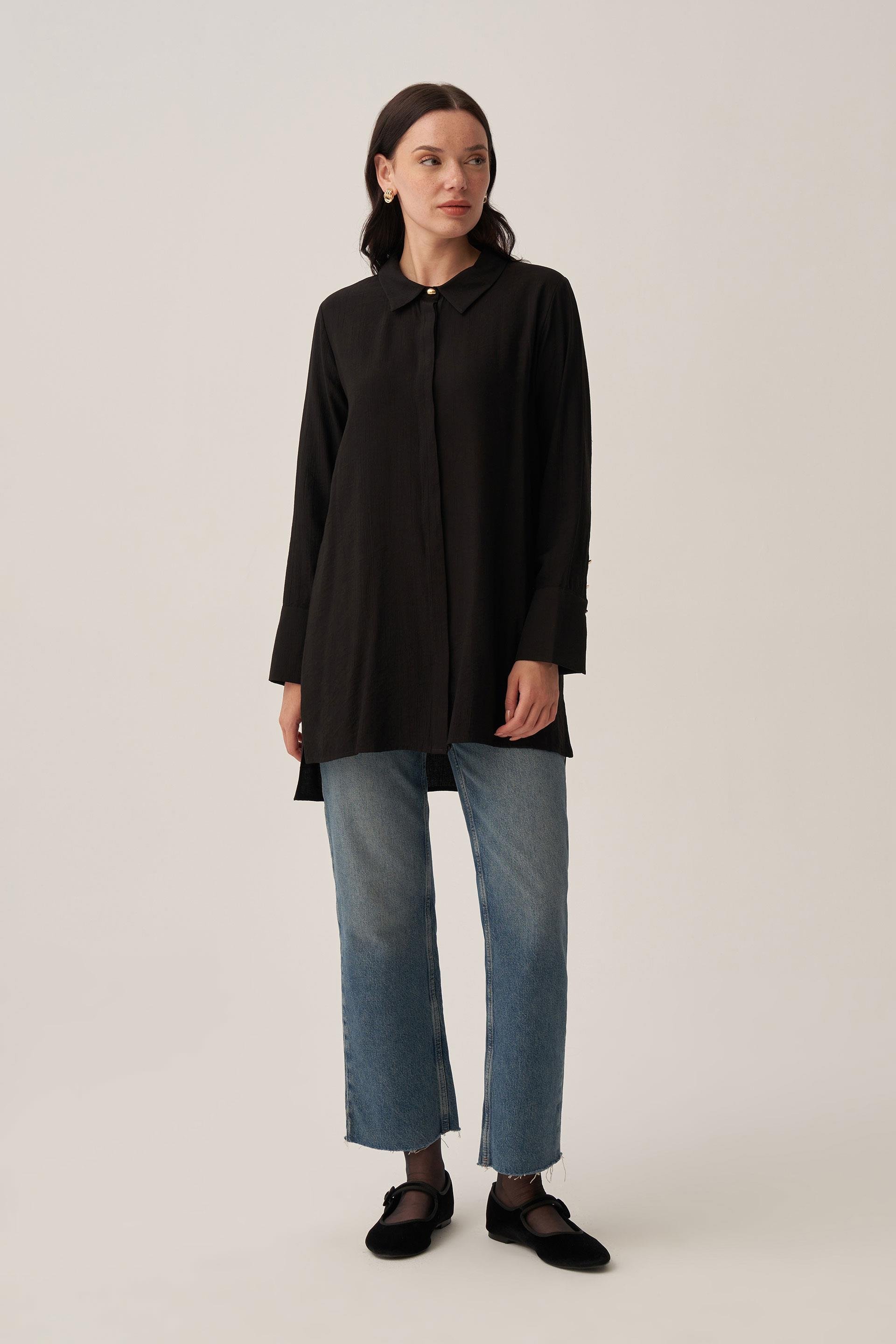 Siyah-Kırışık Efektli Şık Poplin Gömlek