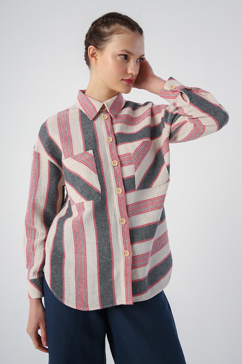 Cotton Striped Shirt with Pockets and Slits on the Sides