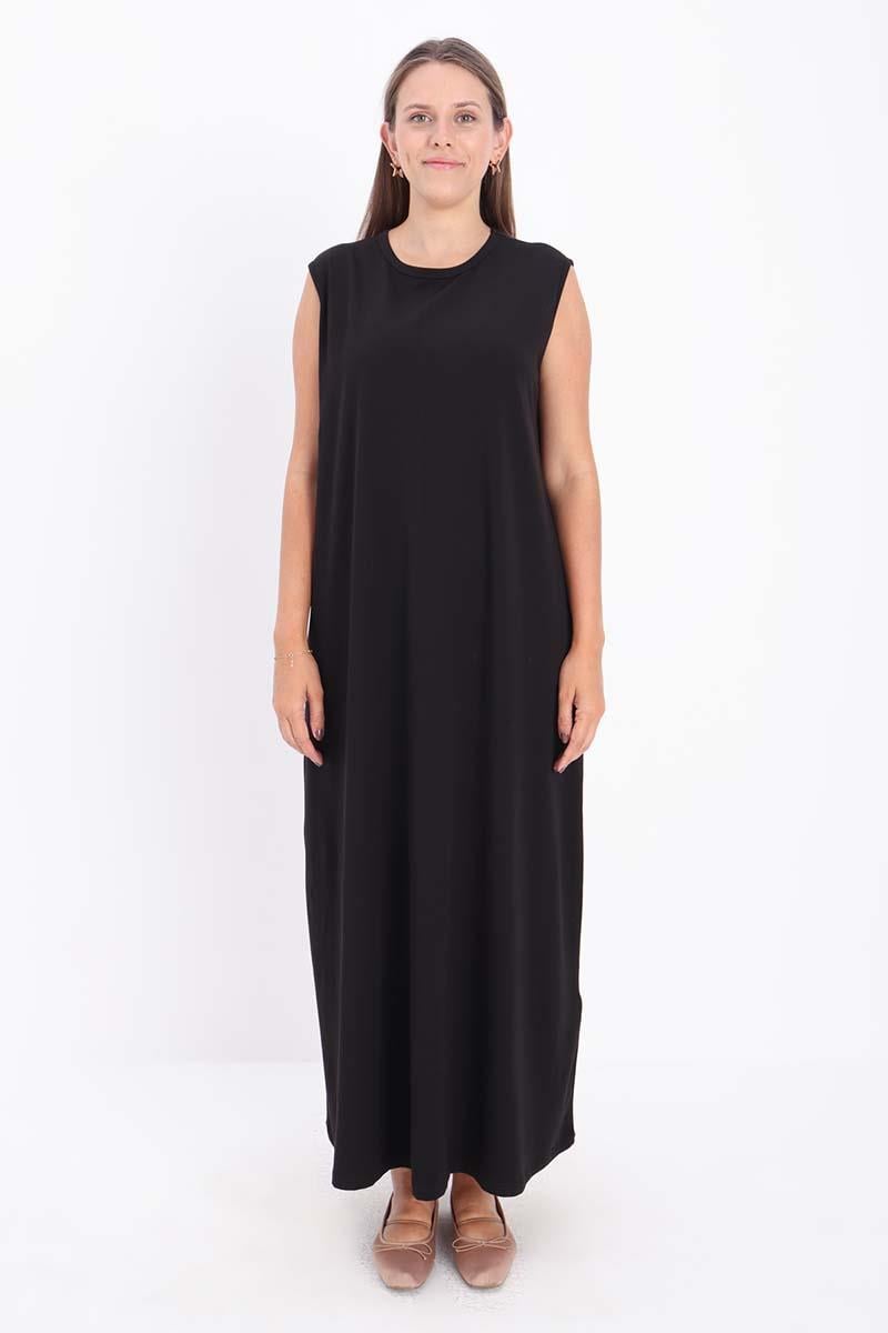 Siyah-Büyük Beden Pamuklu Bisiklet Yaka Kolsuz Likralı İçlik Elbise