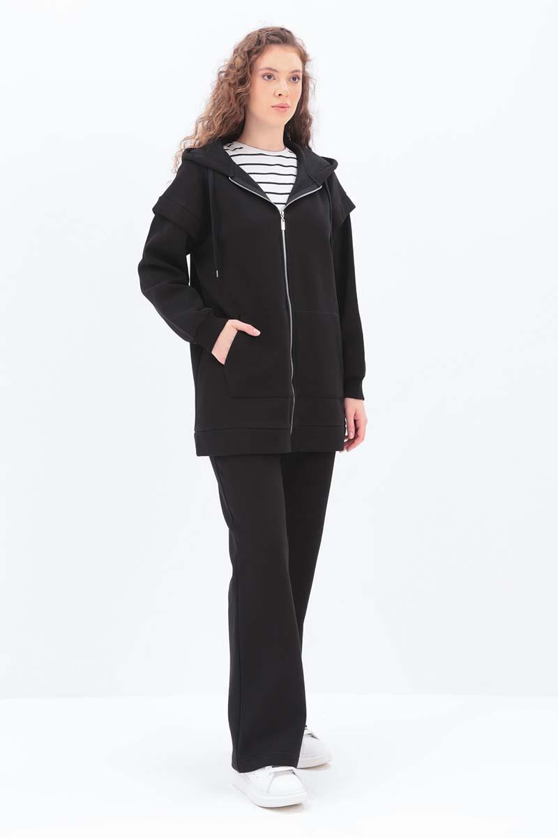 Kolu Patlı Kapüşonlu Pantolonlu Takım